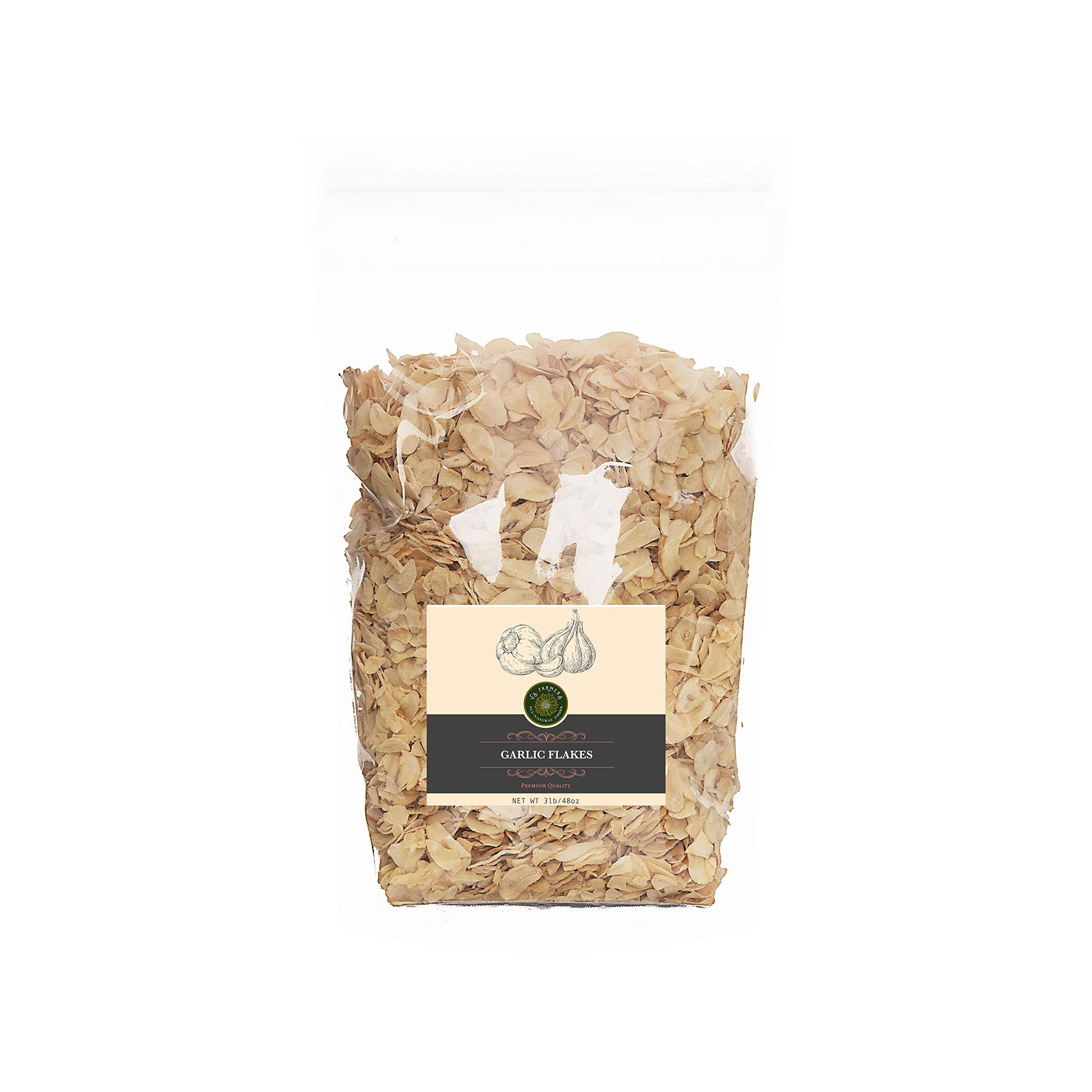 US-FARMERS All Natural Dehydrated Garlic Flakes Dry Slice Dried Garlic in Resealable Bag, 3 Lbs