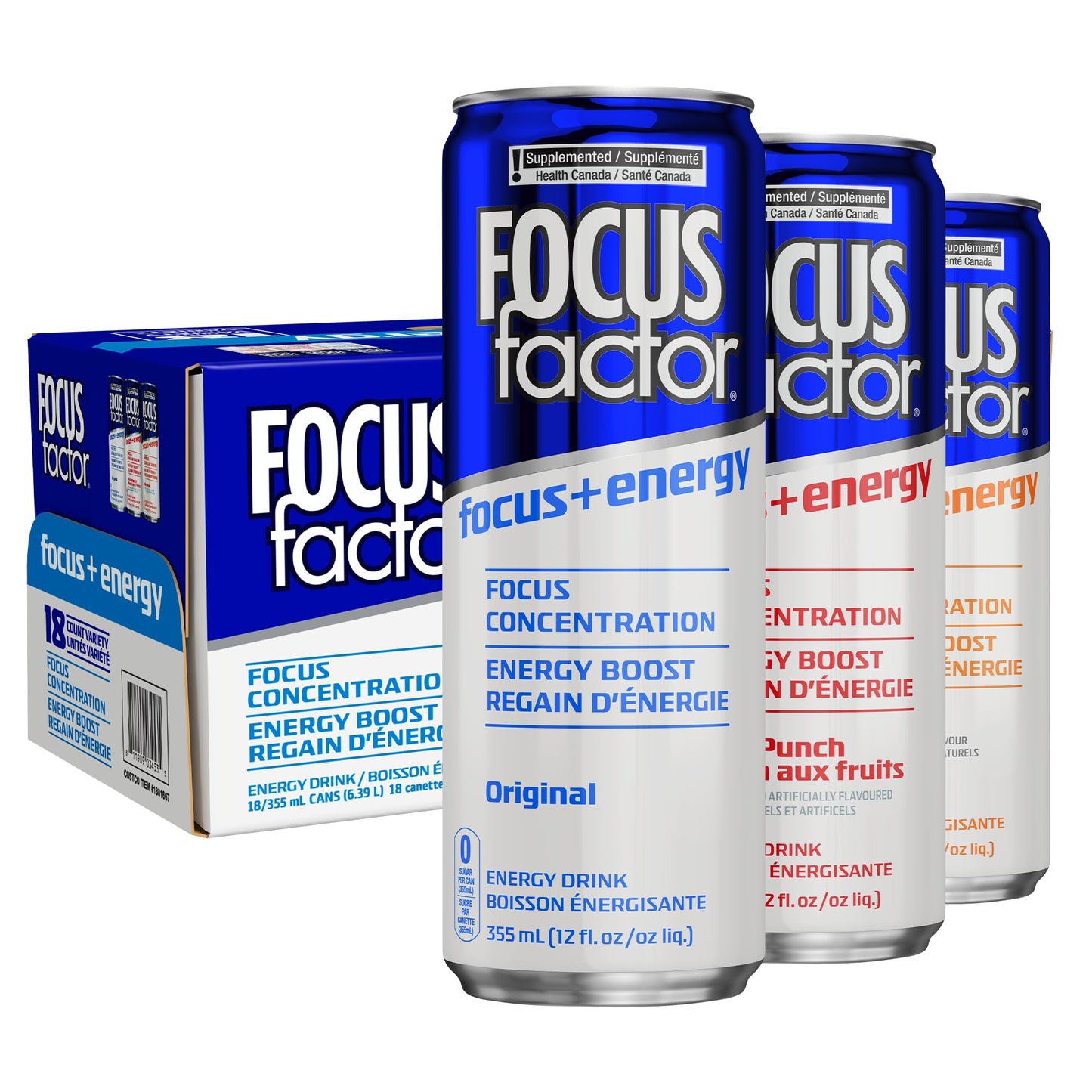 Focus Factor Energy Drink Variety Pack - 18 Cans (355ml) - Sugar Free, Low Calorie, Lightly Carbonated, Vitamin B6 & B12