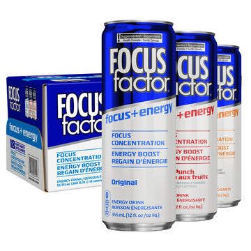 Focus Factor Energy Drink Variety Pack - 18 Cans (355ml) - Sugar Free, Low Calorie, Lightly Carbonated, Vitamin B6 & B12