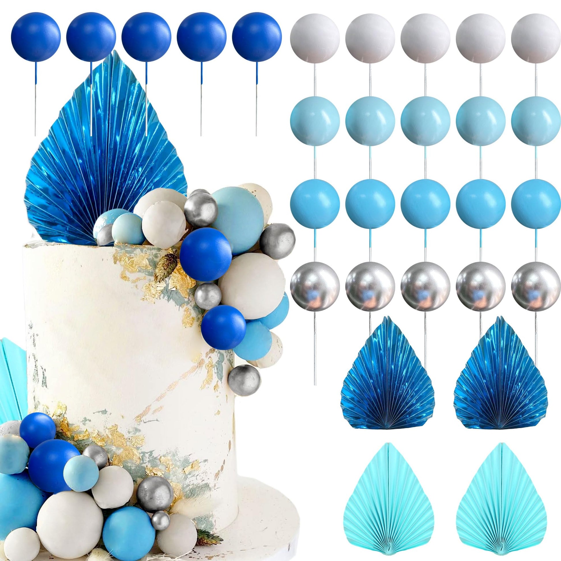Blue Cake Decoration Blue Silver Balls Cake Topper Baby Shower Cake Decoration for Wedding Bridal Shower Birthday