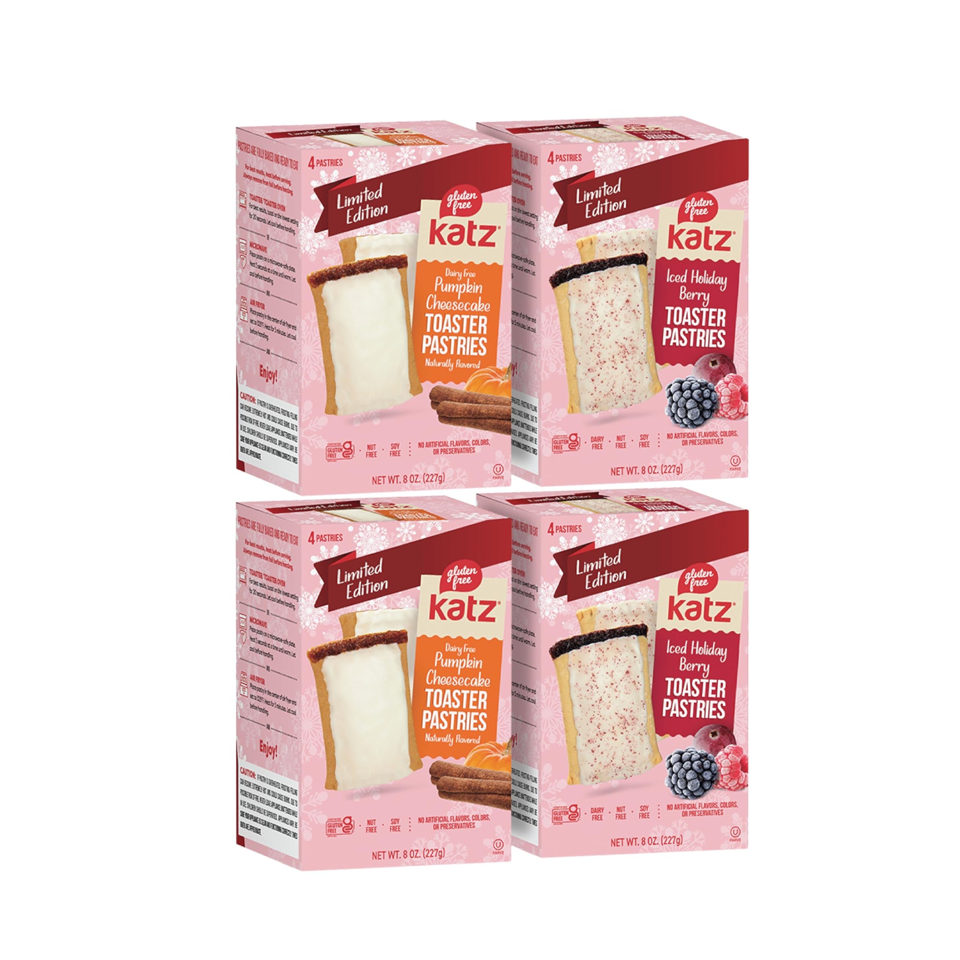 Katz Gluten Free Holiday Toaster Pastries Variety Pack  Iced Holiday Berry and Pumpkin Cheesecake. Free of Dairy  Peanuts  Tree Nuts  and Sesame  Kosher  No Artificial Color. (4Pk)