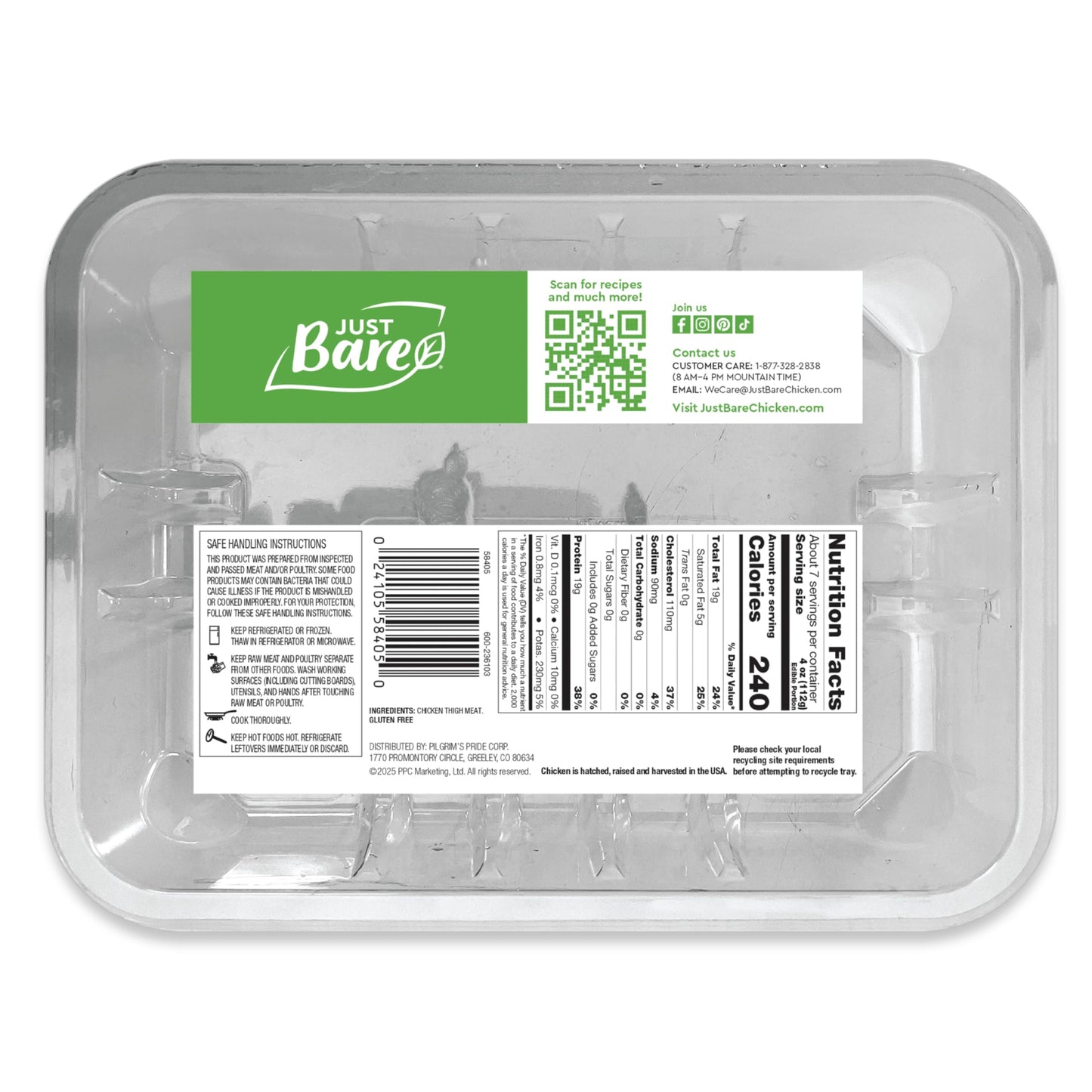 Just Bare All Natural Fresh Chicken Thighs | Family Pack | No Antibiotics Ever | Bone-In | 2.25 LB