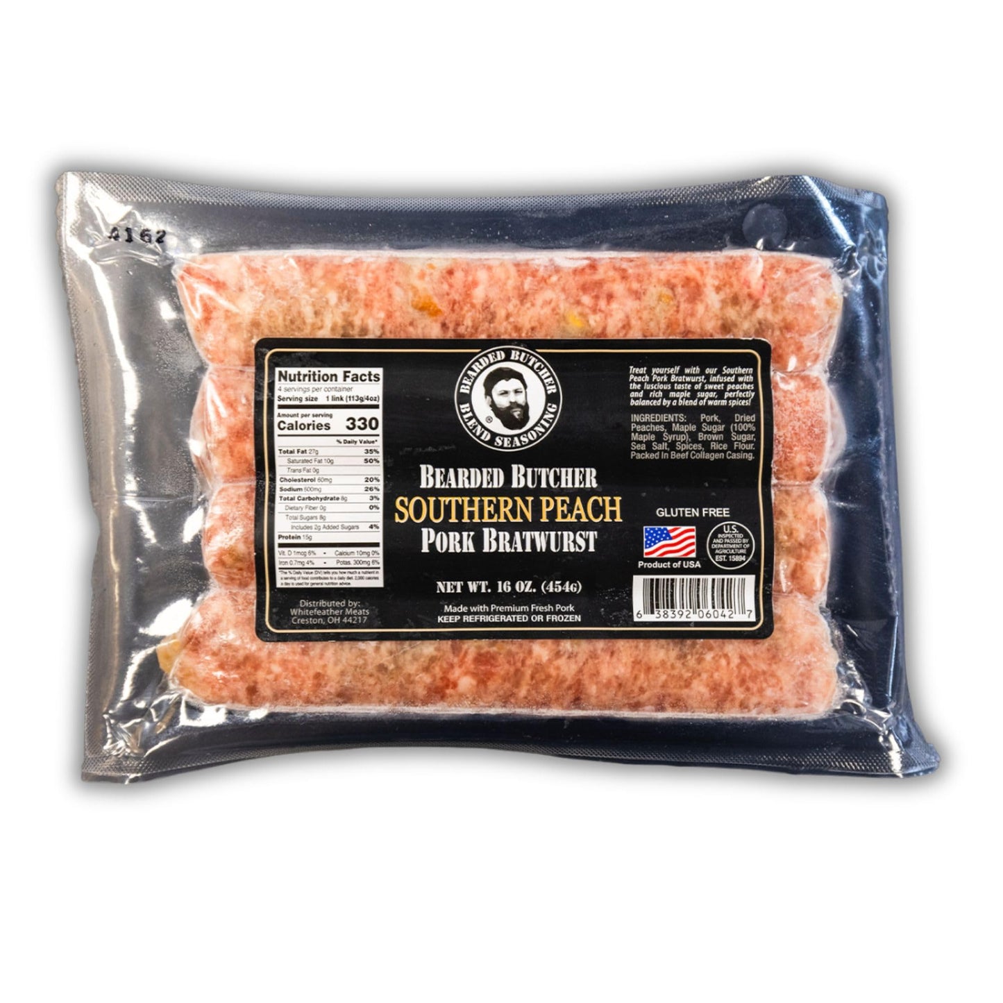 BEARDED BUTCHER SOUTHERN PEACH BRATWURST – Sweet Peach & Maple Sugar Infused Pork – 12 Pack (1 lb Each) – Perfect for Grilling & BBQs