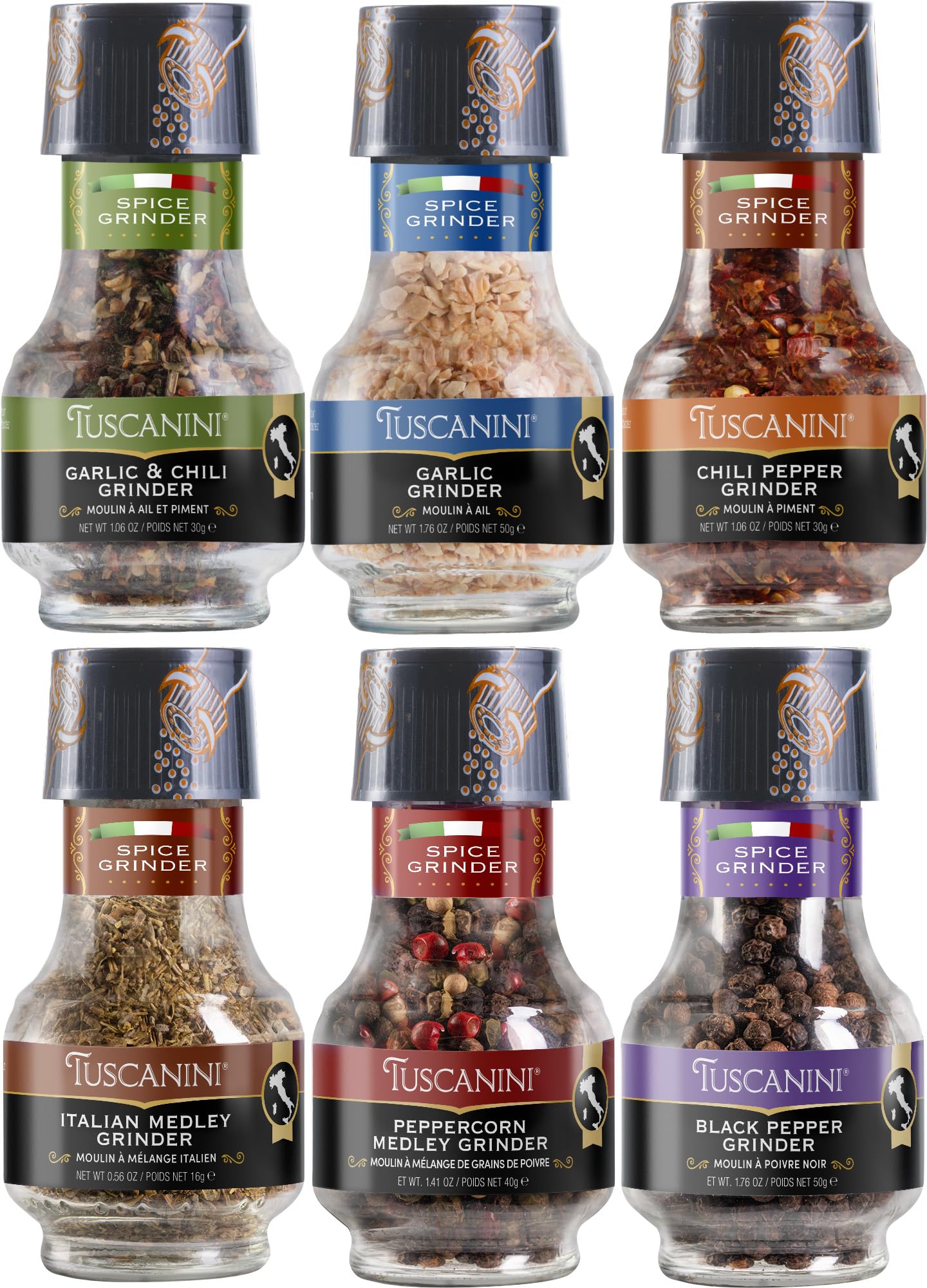 Tuscanini Spice Grinder Variety Pack, 6 Freshly Ground Seasonings, 1 Ounce Each, Product of Italy