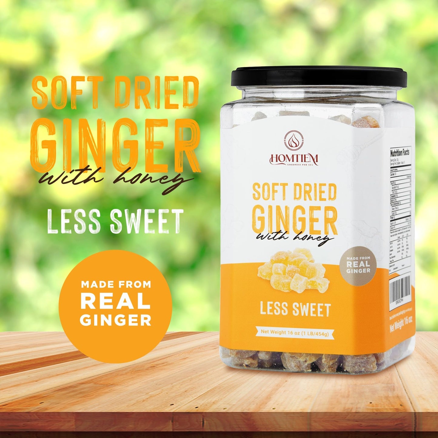 HOMTIEM Dried Crystallized Ginger, Less Sweet, Pack of 6, All-Natural, Preservative-Free, 16 Ounce Each