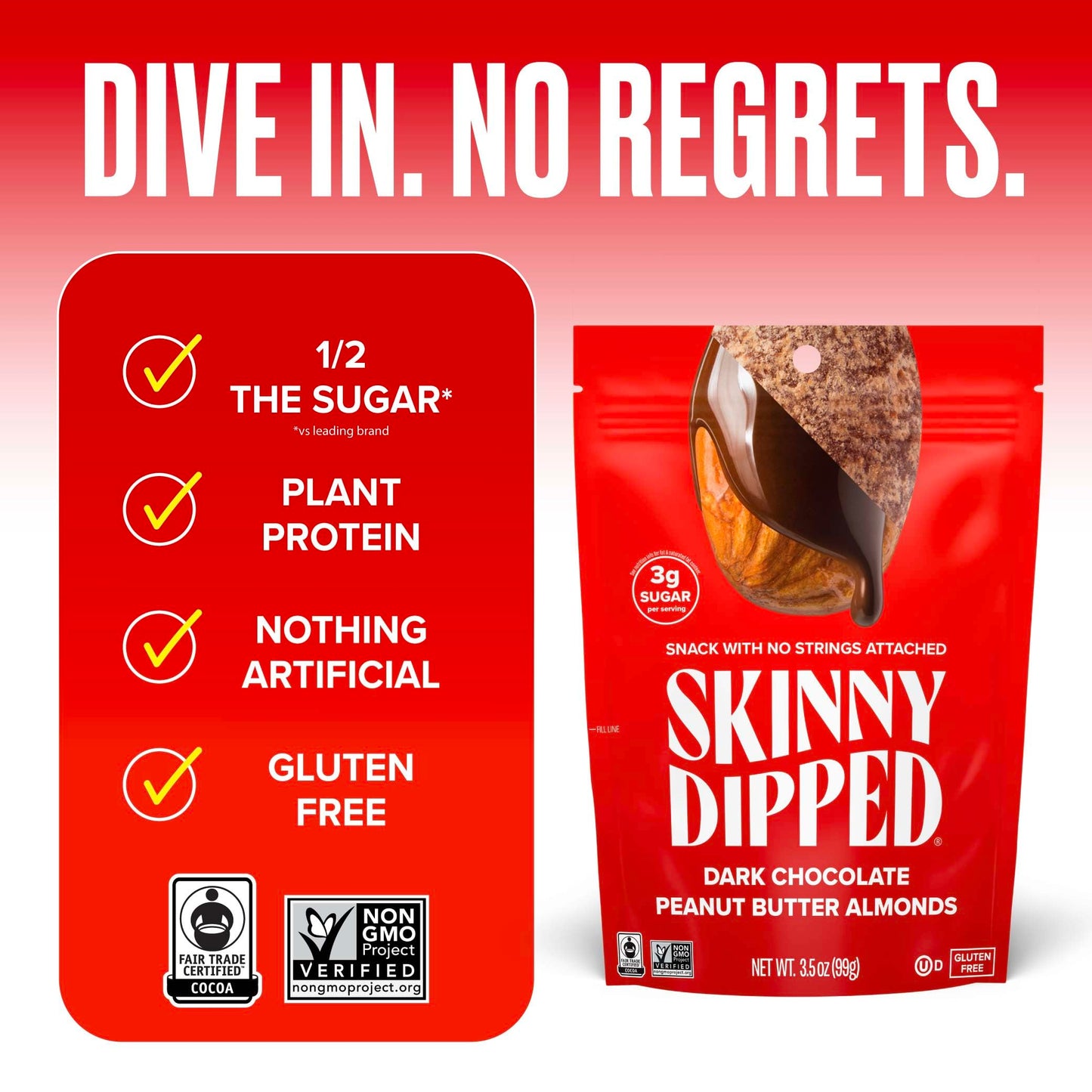 SkinnyDipped Dark Chocolate Peanut Butter Almonds, Healthy Snack, Plant Protein, Gluten Free, 3.5 oz Resealable Bags, (Pack of 5