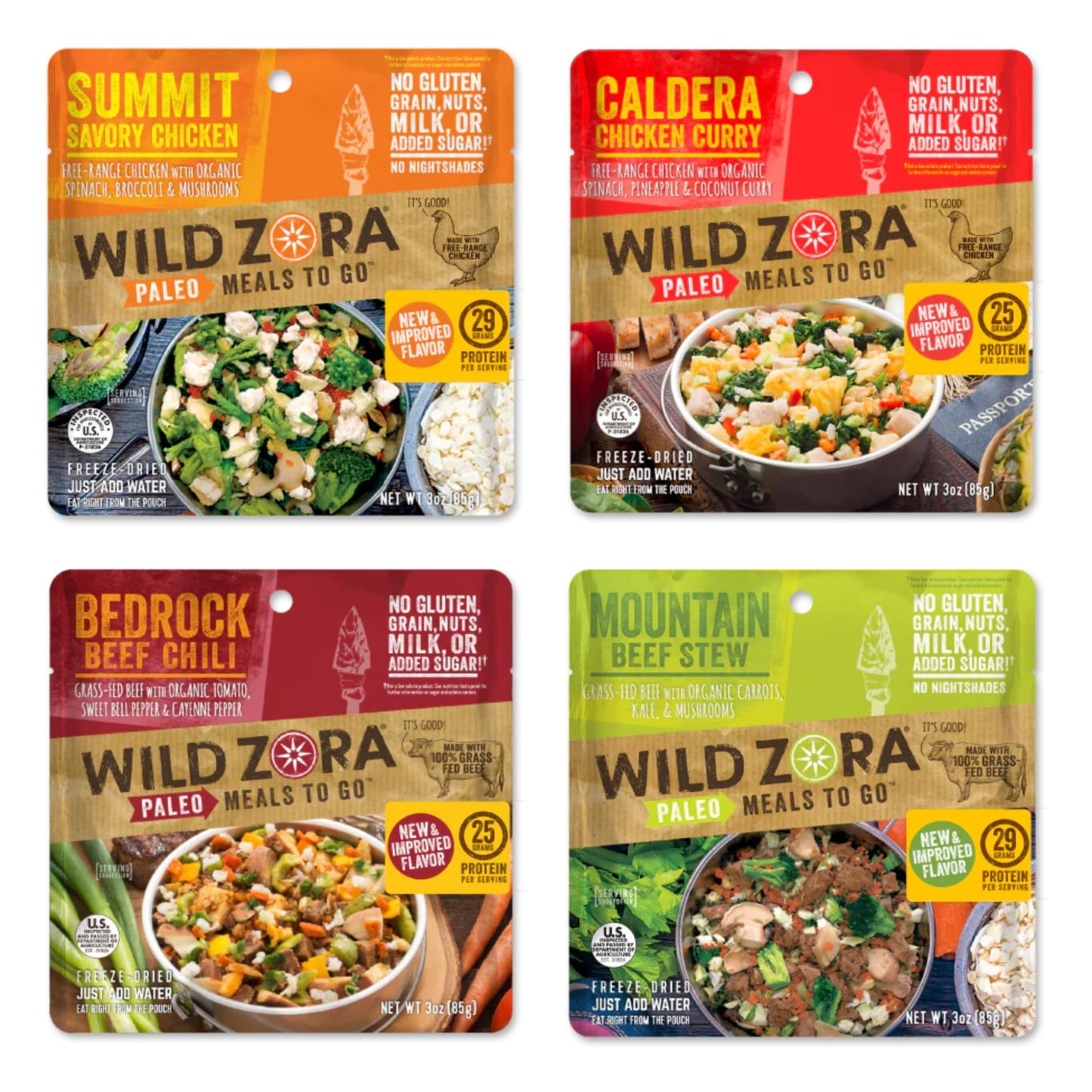 Wild Zora Paleo Freeze Dried Meat Meals, 4 Pack, Gluten Free And Grain Free Camping And Backpacking Food, No Added Sugar, Healthy On-The-Go Travel Meal, Protein Packed (Meat 4-Pack)