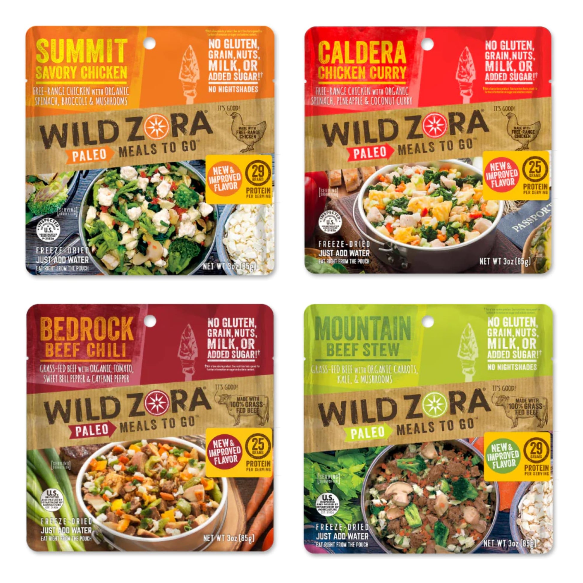 Wild Zora Paleo Freeze Dried Meat Meals, 4 Pack, Gluten Free And Grain Free Camping And Backpacking Food, No Added Sugar, Healthy On-The-Go Travel Meal, Protein Packed (Meat 4-Pack)