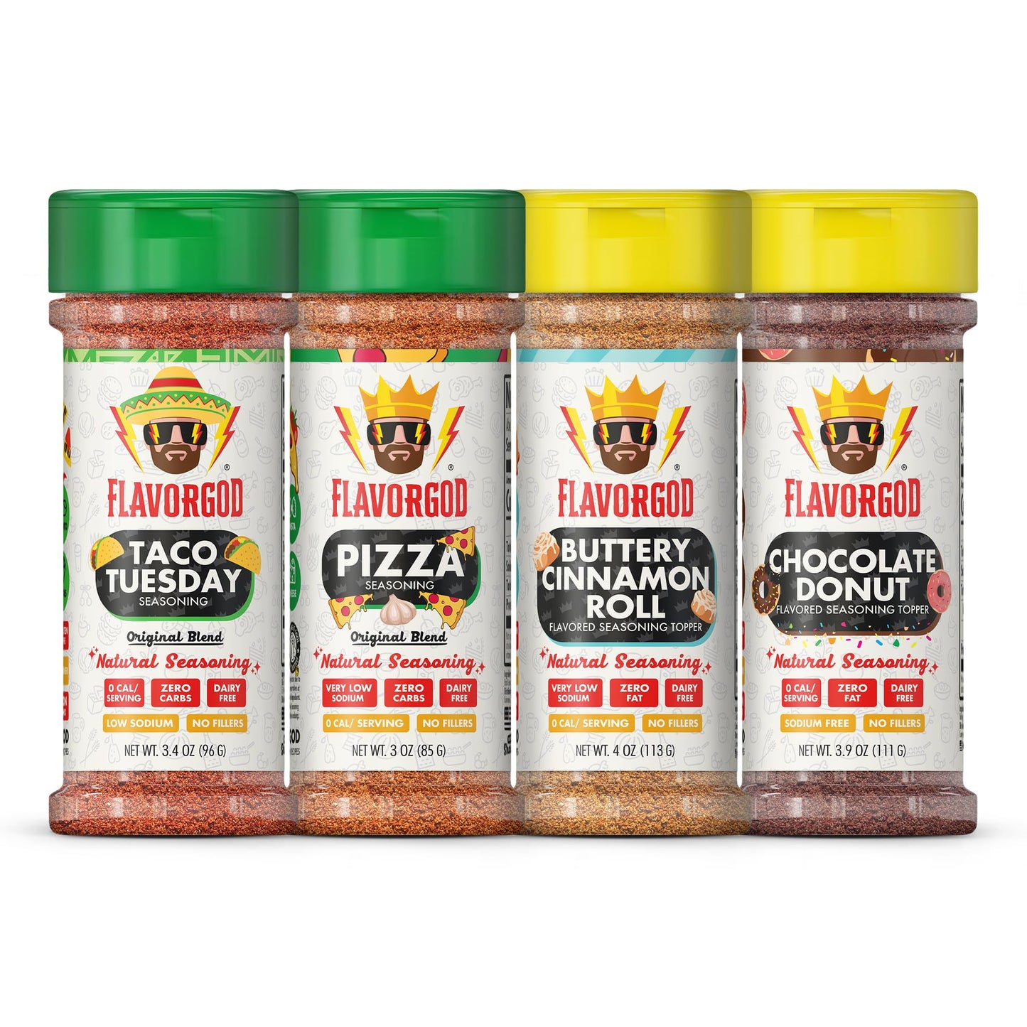 Flavor God Munchies Combo Pack Of 4, Seasoning Gift Set, Taco Tuesday, Pizza, Buttery Cinnamon Roll, Chocolate Donut, Natural He