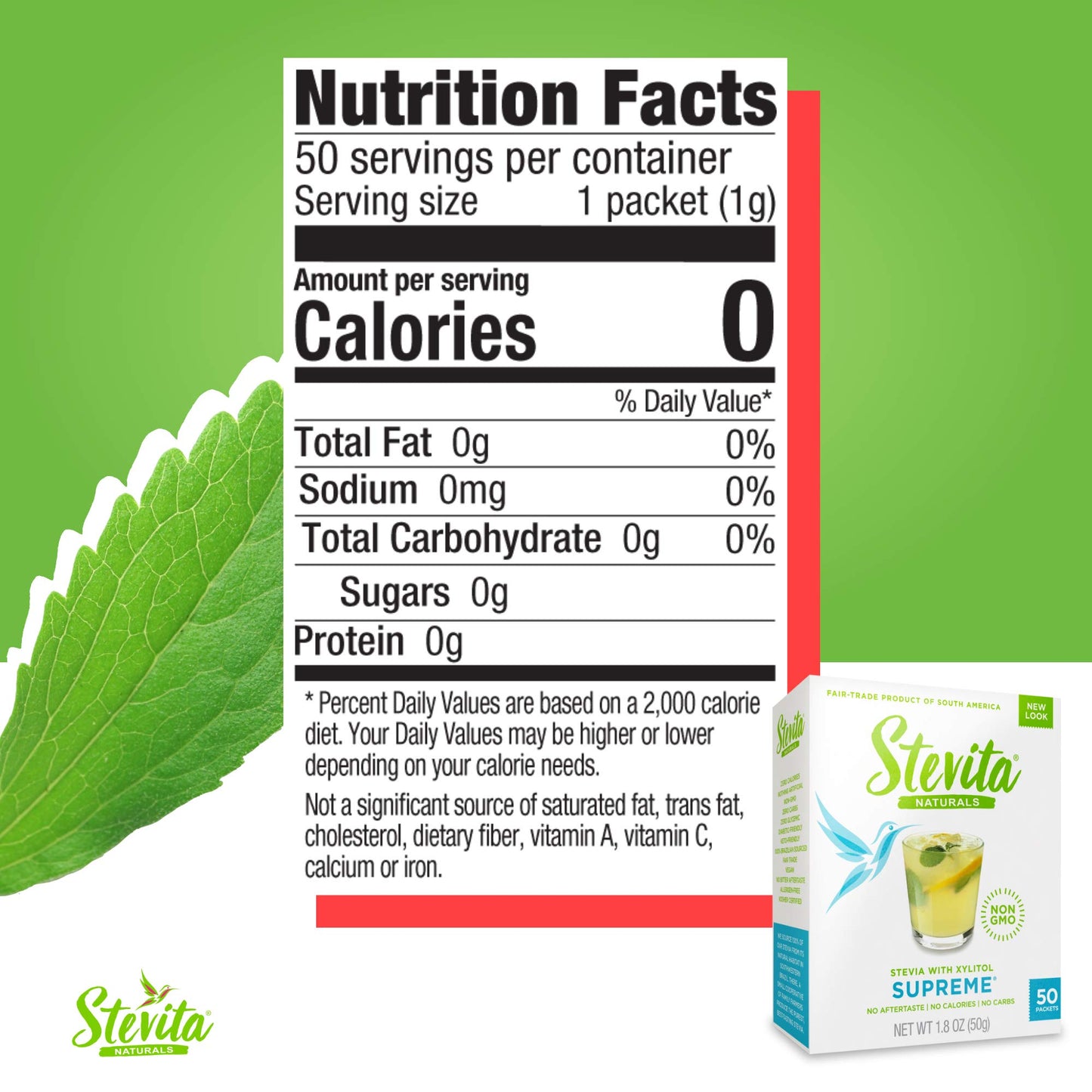 Stevita Stevia With Xylitol Supreme - 50 Packets - All-Natural Sweetener, No Calories - Non-Gmo, Vegan, Kosher, Keto, Paleo, Glu