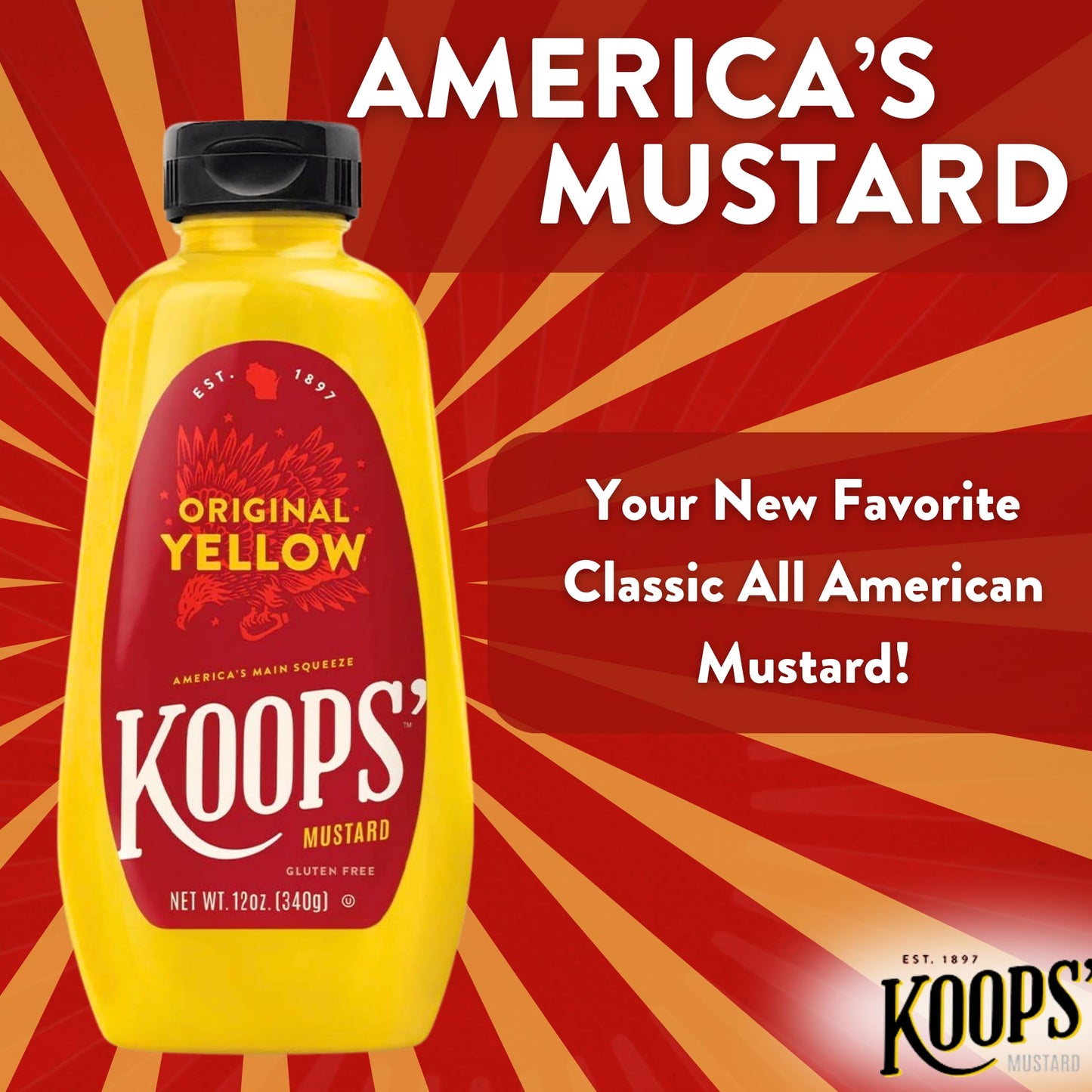 KOOPS Original Yellow Mustard, Gourmet, Gluten-Free, Kosher, 12 Oz, Pack of 4
