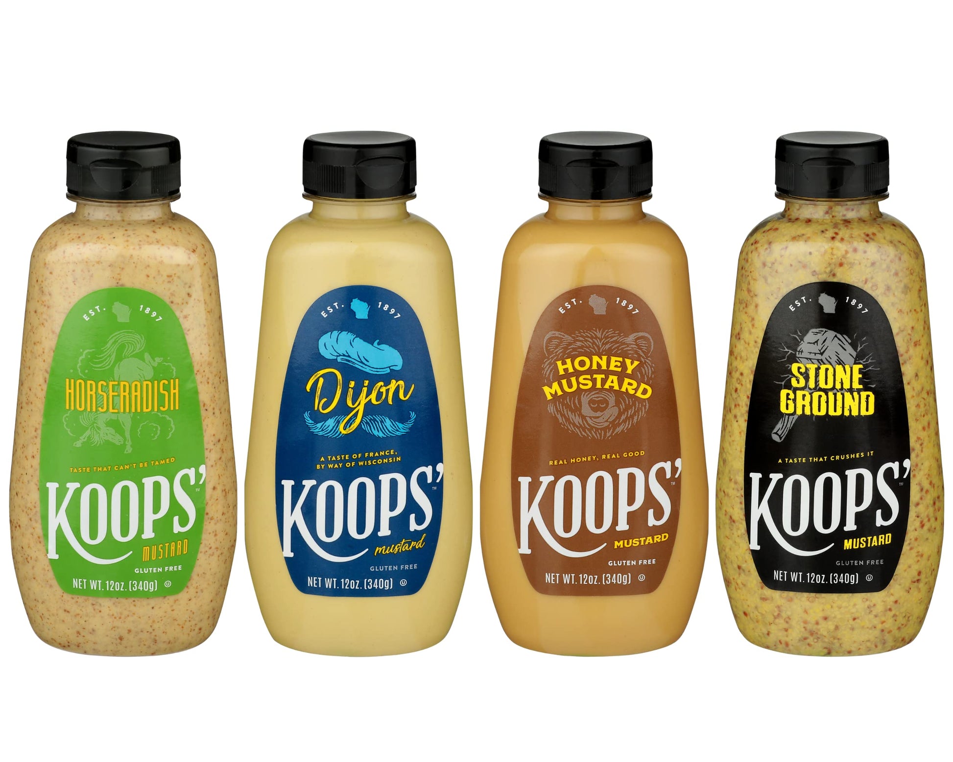 Koops' Best Sellers Mustard Variety Pack - Horseradish, Dijon, Honey Mustard, & Stone Ground - Gluten-Free, Kosher, Made In Usa,