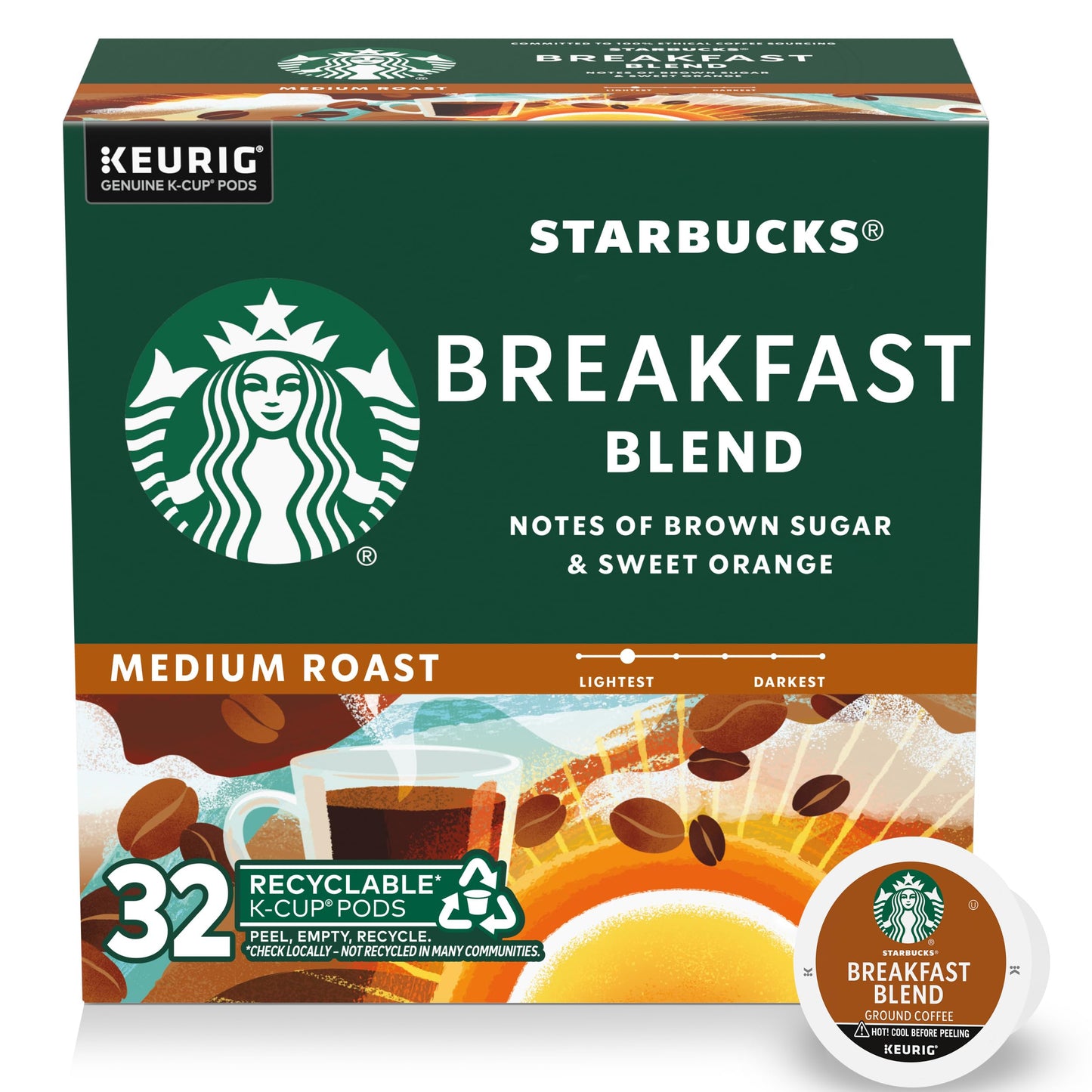 Starbucks K-Cup Coffee Pods, Medium Roast Breakfast Blend, 32 Count, 100% Arabica, Model 011081238