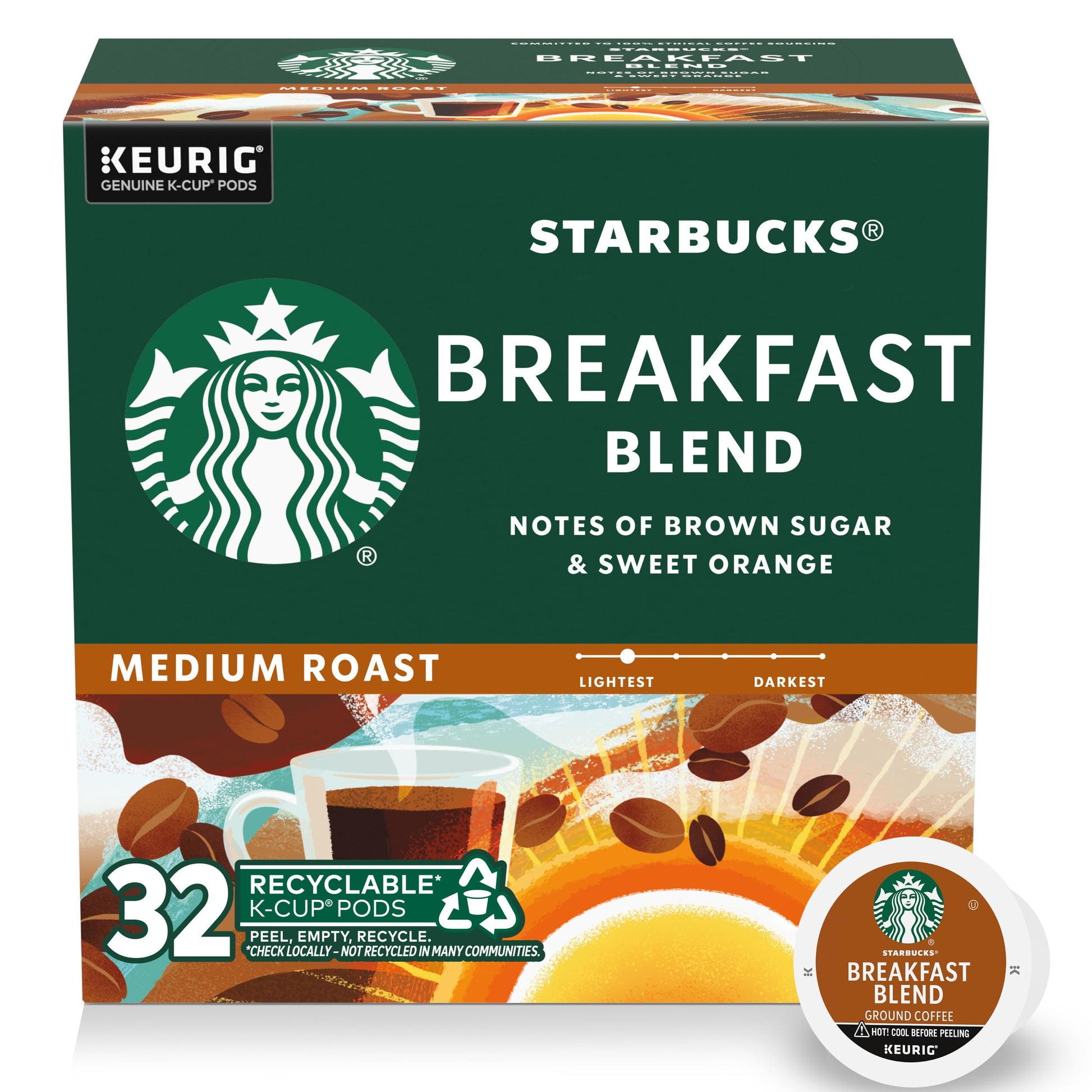 Starbucks K-Cup Coffee Pods, Medium Roast Breakfast Blend, 32 Count, 100% Arabica, Model 011081238