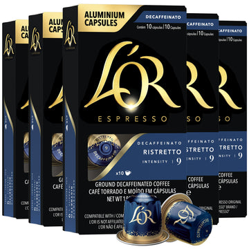 LOR DECAF Espresso Capsules  50 Count DECAF Ristretto  Single-Serve Aluminum Coffee Capsules Compatible with the LOR BARISTA System & *Nespresso Original Machines