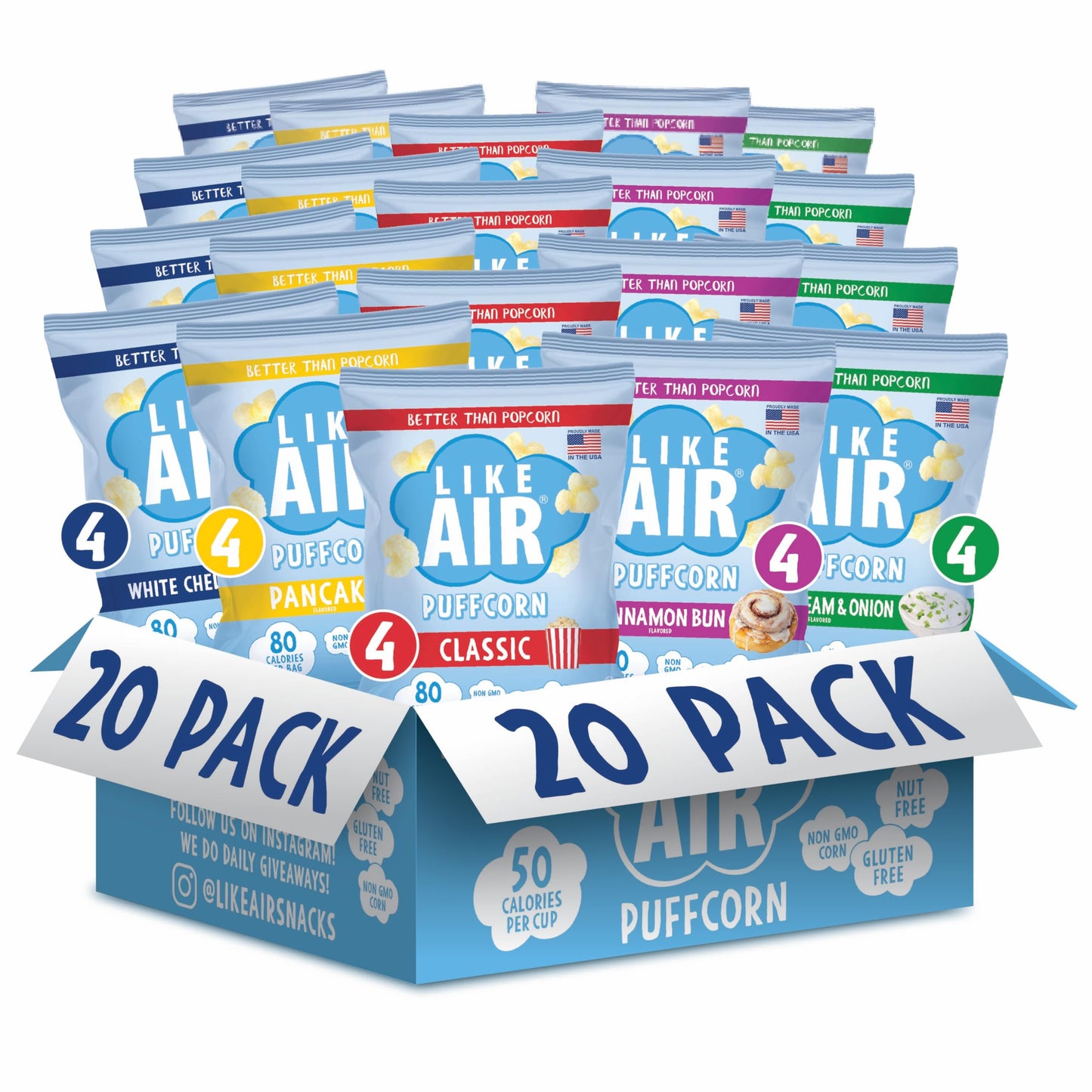 Like Air Puffcorn 5 Flavor Variety Pack (0.5 oz, Pack of 20) - Single Serve Snacks, 80 Calories, Gluten Free, Kosher, Non-GMO Co