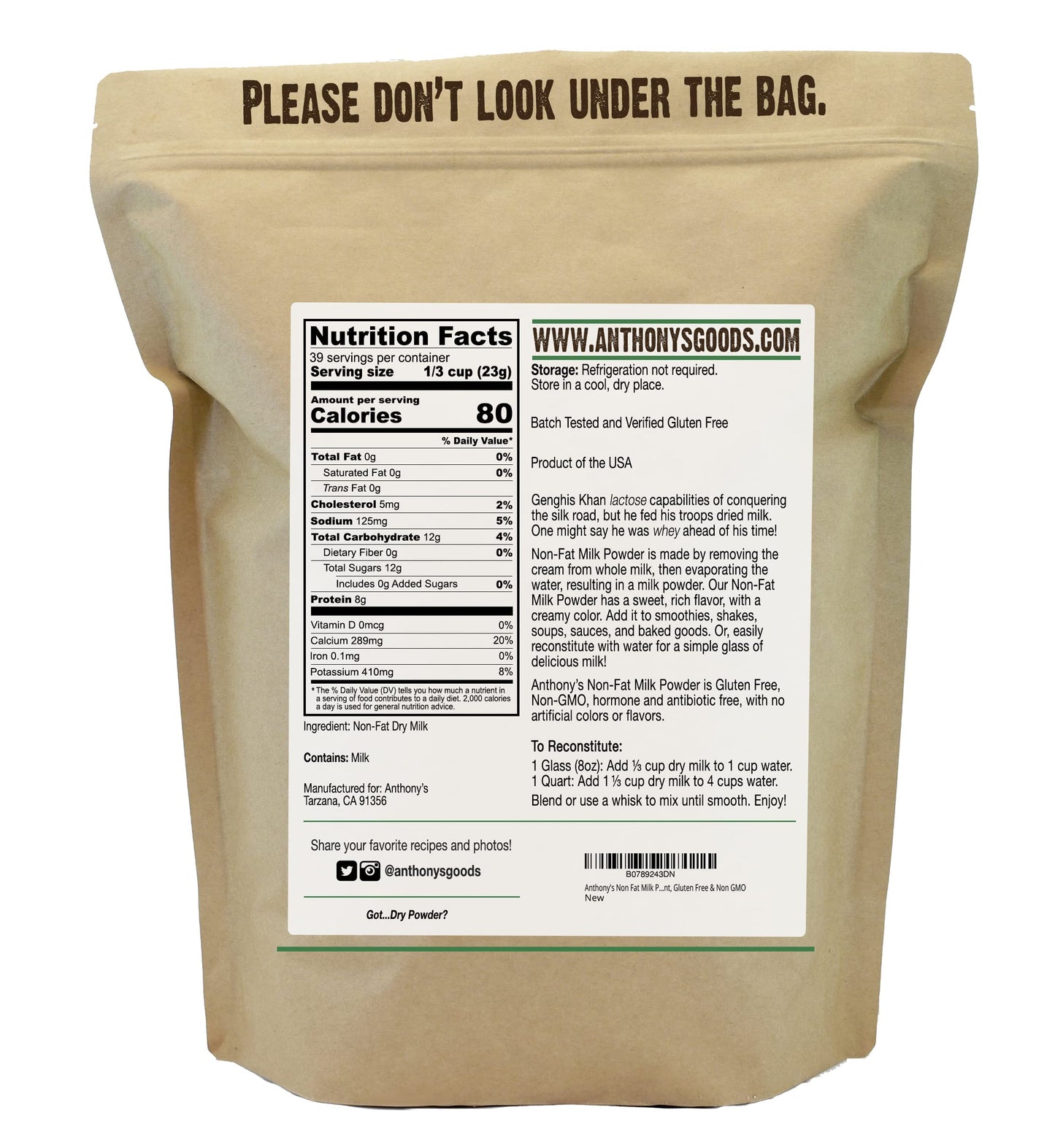 Anthony'S Non Fat Milk Powder, 2 Lb, Instant, Gluten Free & Non Gmo