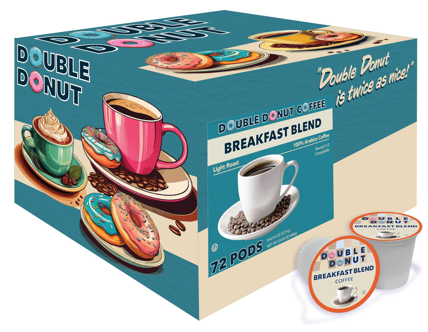 Double Donut Coffee Breakfast Blend Pods, Light Roast, Recyclable, 72 Count Bulk Pack for Keurig K Cups