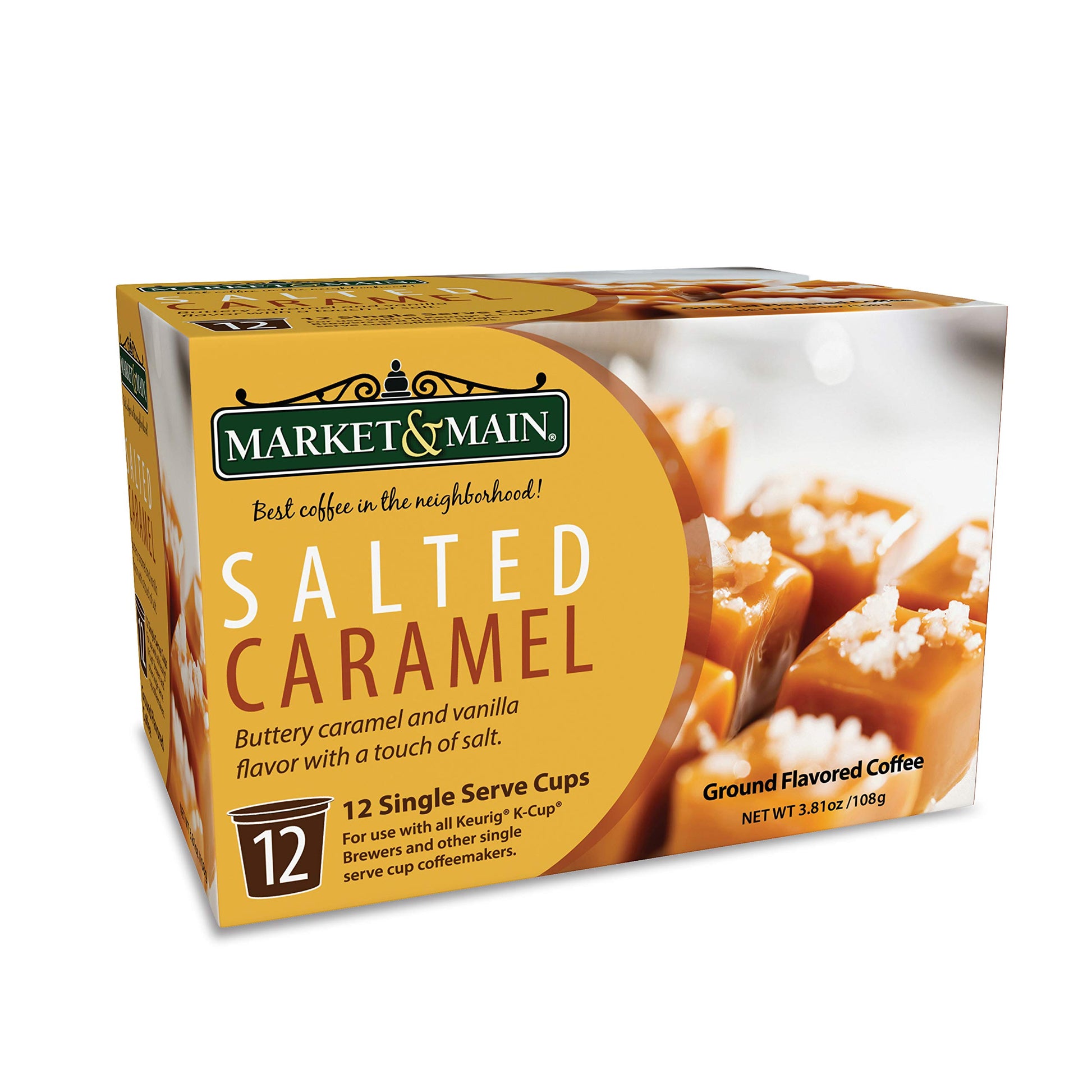 Market & Main OneCup Salted Caramel Coffee Pods, Compatible with Keurig, 12 Count, Brown