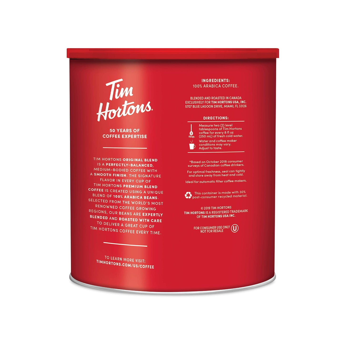 Tim Hortons Original Blend Medium Roast Ground Coffee, 100% Arabica Beans, 48 Ounce Canister, Red