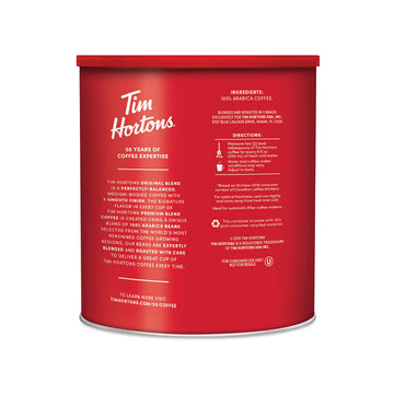 Tim Hortons Original Blend Medium Roast Ground Coffee, 100% Arabica Beans, 48 Ounce Canister, Red