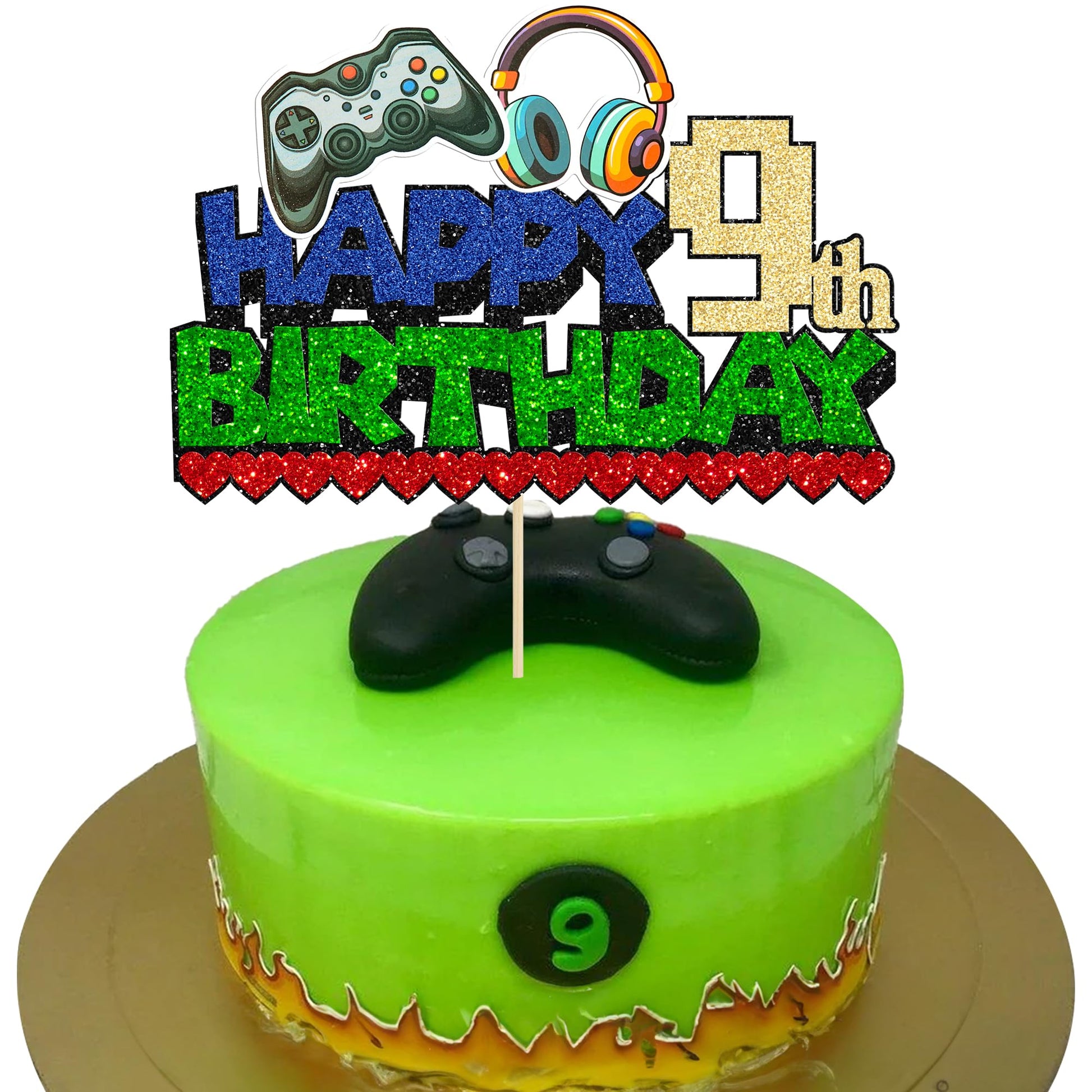 Ephlyn 1Pcs Video Game Happy 9Th Birthday Cake Topper Glitter Video Game Cake Pick Game On Controllers Nine Cheers To 9 Years Ca
