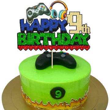 Ephlyn 1Pcs Video Game Happy 9Th Birthday Cake Topper Glitter Video Game Cake Pick Game On Controllers Nine Cheers To 9 Years Ca