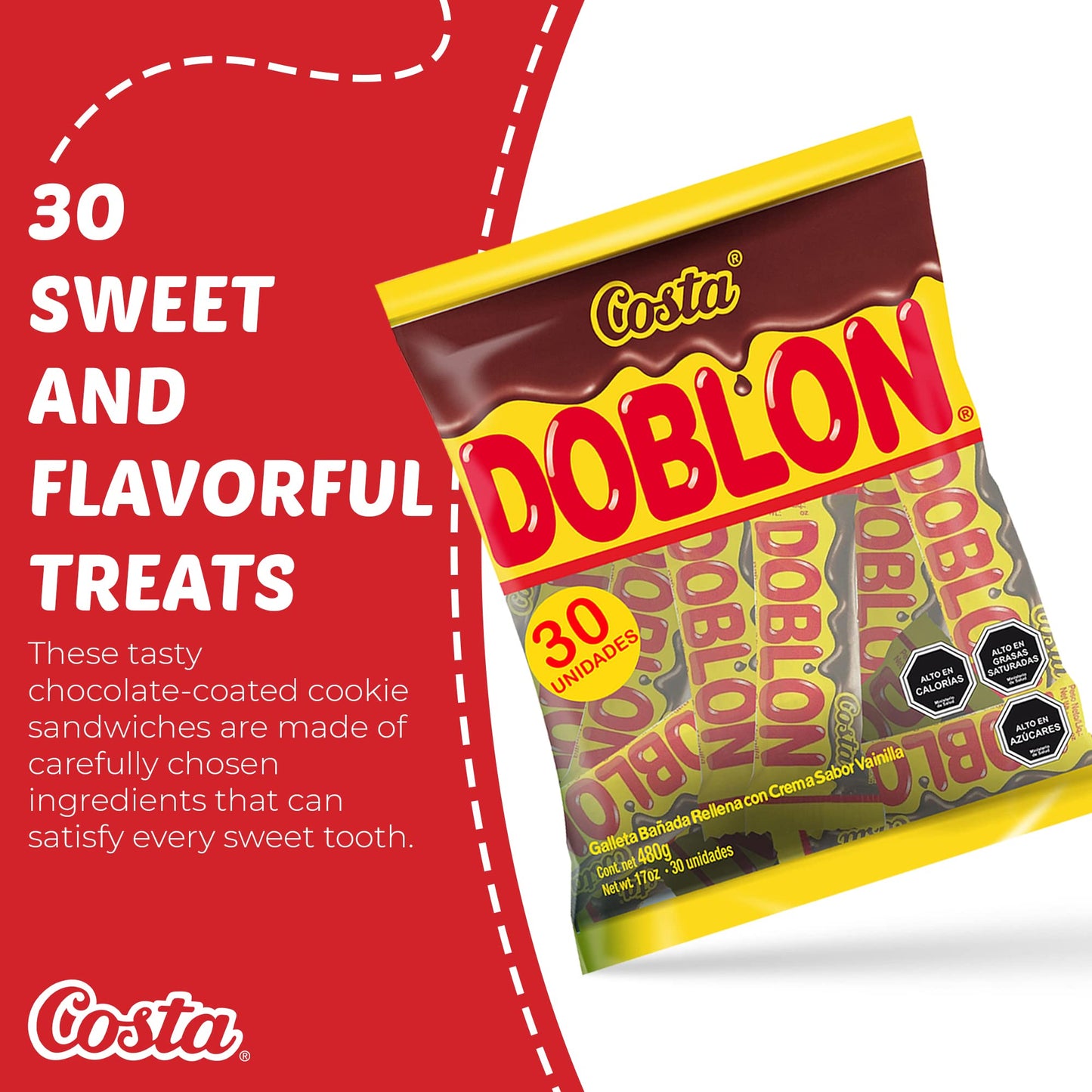 Costa Doblon Chocolate Covered Biscuit- Coated Biscuits- Biscuit With Vanilla Flavored Cream- Snack Packs Biscuits- Sandwich Coo