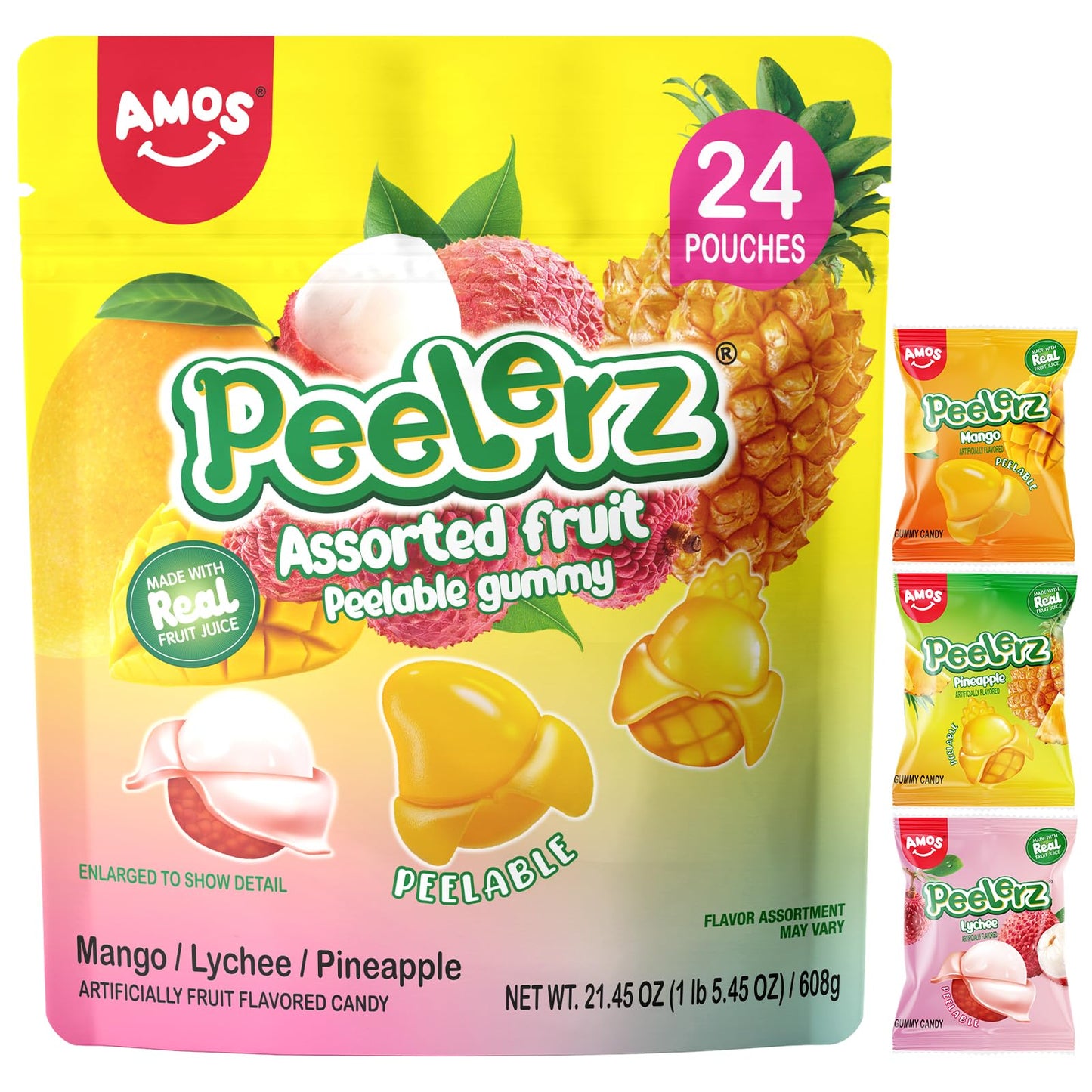 Amos Peelerz Assorted Peelable Gummy - Tropical Peeling Candy Variety Pack | Mango, Lychee & Pineapple | 24 Individual Packs (60