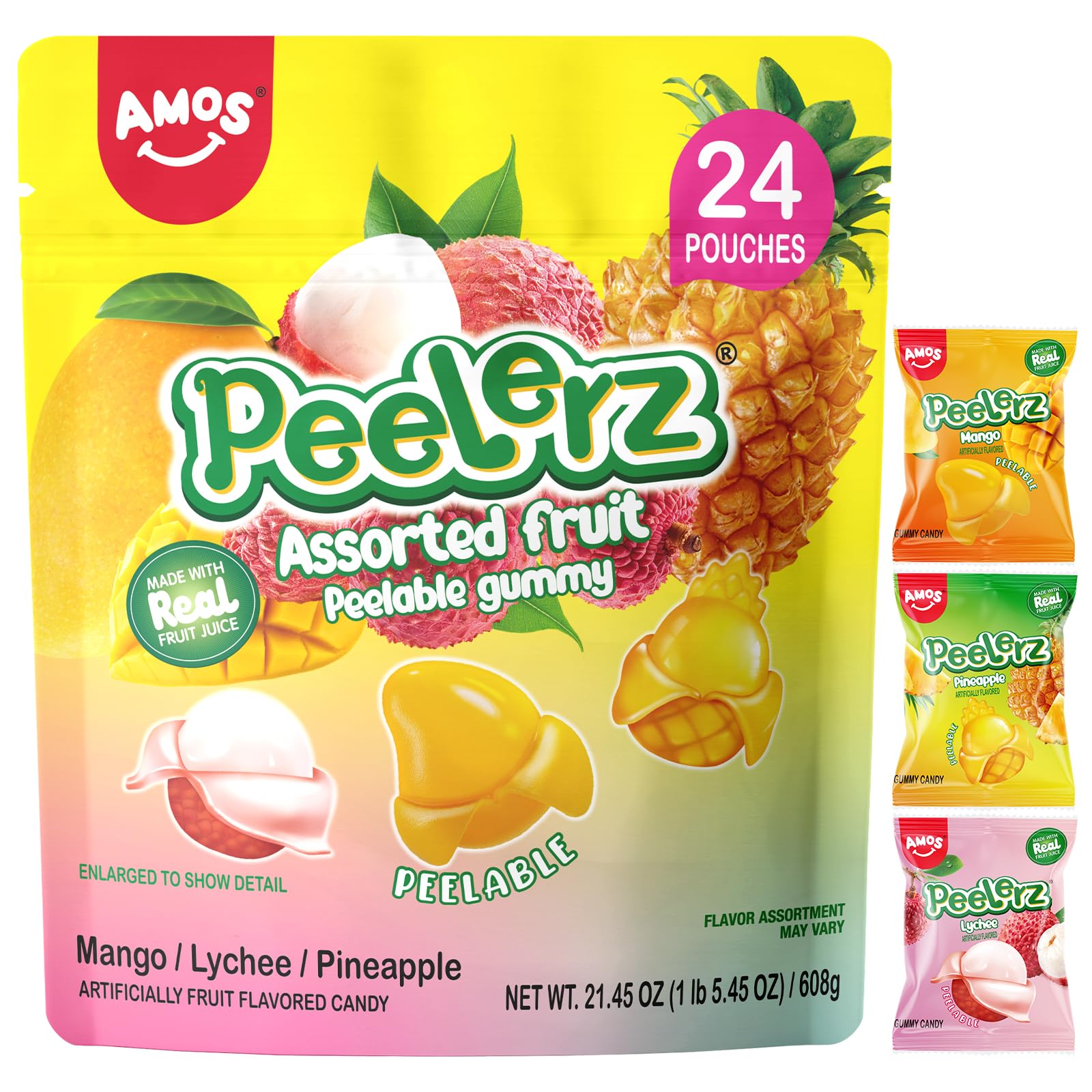 Amos Peelerz Assorted Peelable Gummy - Tropical Peeling Candy Variety Pack | Mango, Lychee & Pineapple | 24 Individual Packs (60