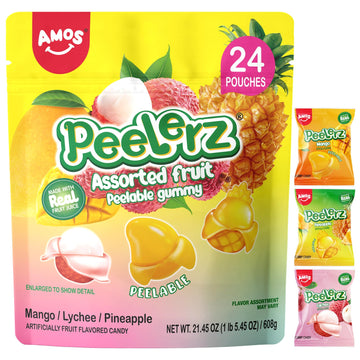 Amos Peelerz Assorted Peelable Gummy - Tropical Peeling Candy Variety Pack | Mango, Lychee & Pineapple | 24 Individual Packs (60