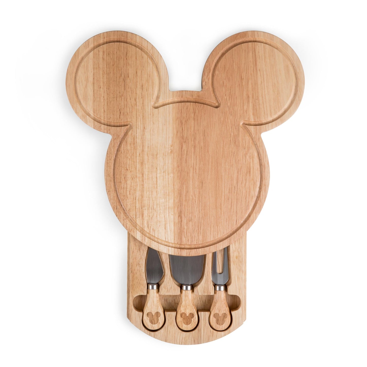 Picnic Time Disney Mickey Mouse Head Cheese & Charcuterie Board Set, Parawood Cutting Board With Hidden Drawer & 3 Cheese Cutting Tool, Fun Disney Gift, Party Platter, Picnic Set & Kitchen Serving Tray