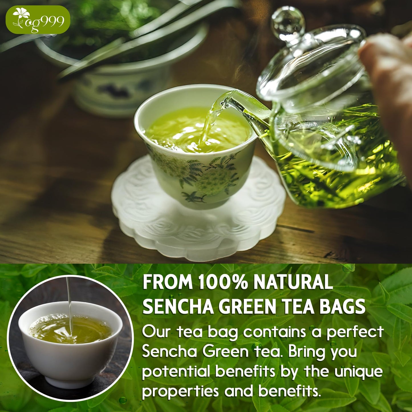 Tog999, Premium 60 Sencha Green Tea Bags, 100% Natural & Pure From Sencha Green Tea Leaves. Loose Leaf Sencha Herbal Tea. No Sug