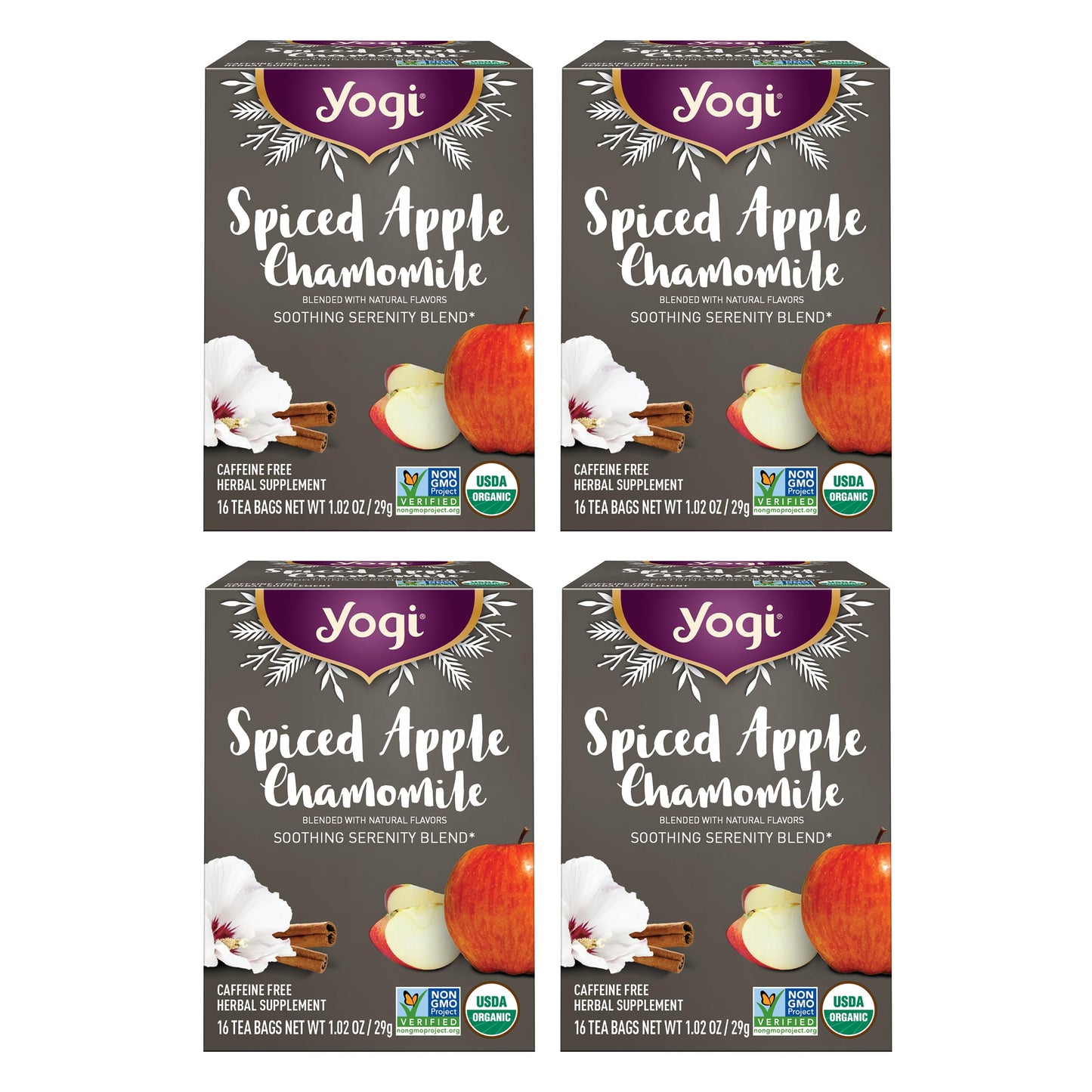 YOGI TEA Organic Spiced Apple Chamomile Tea - Caffeine-Free Relaxation Blend - 16 Tea Bags - 4 Packs