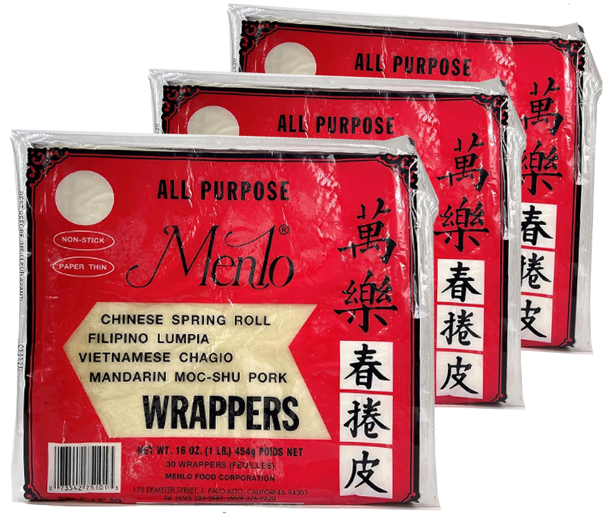 Generic Menlo Wrappers Lumpia Wrapper, 3 Packs, 30 Sheets, 16 oz per pack, Easy Peel, Extra Crispy, 6-7 x 4-5 inches
