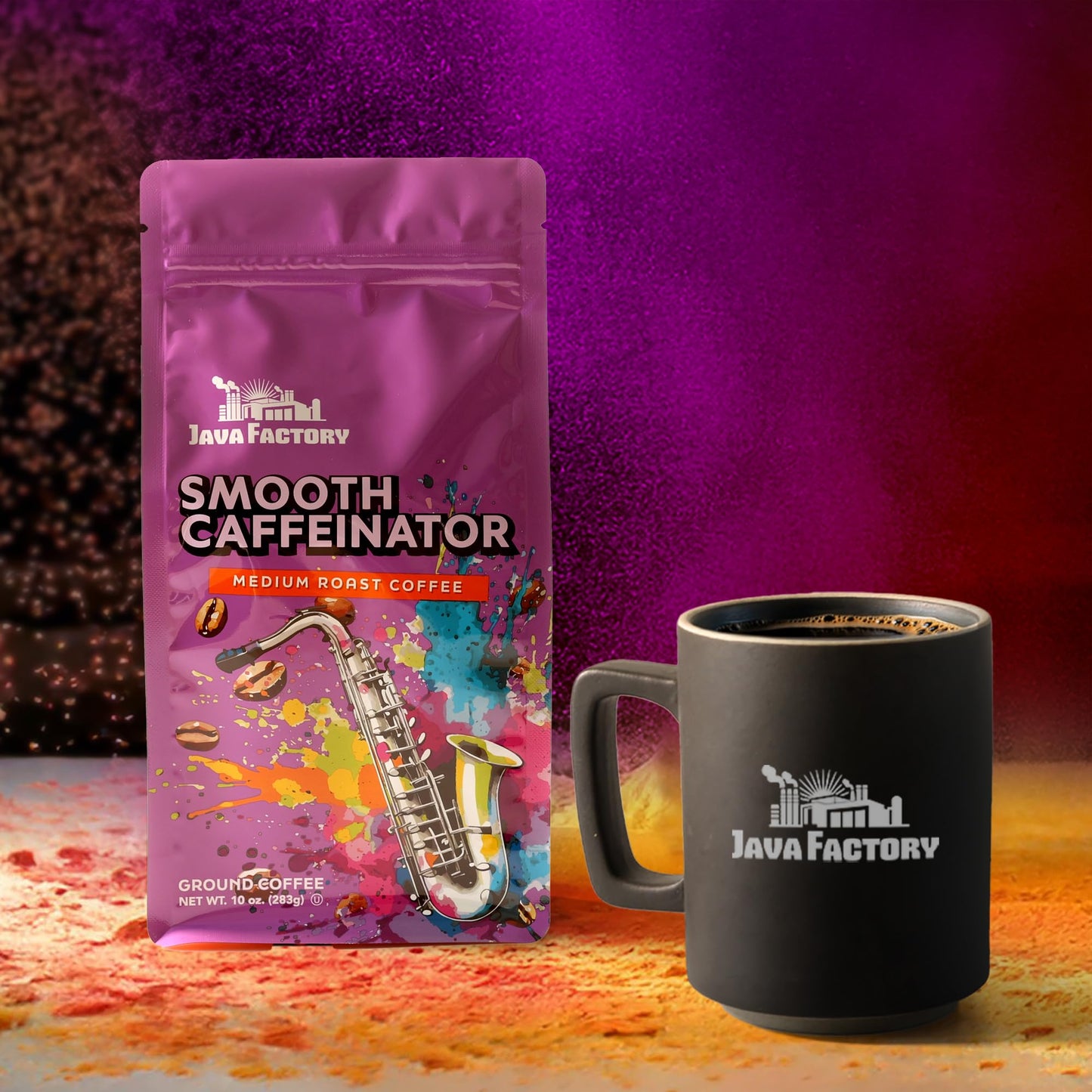 Java Factory Smooth Caffeinator Flavored Ground Coffee Bag - Medium Roast Brew, Made With 100% Arabica Beans, 10 Oz