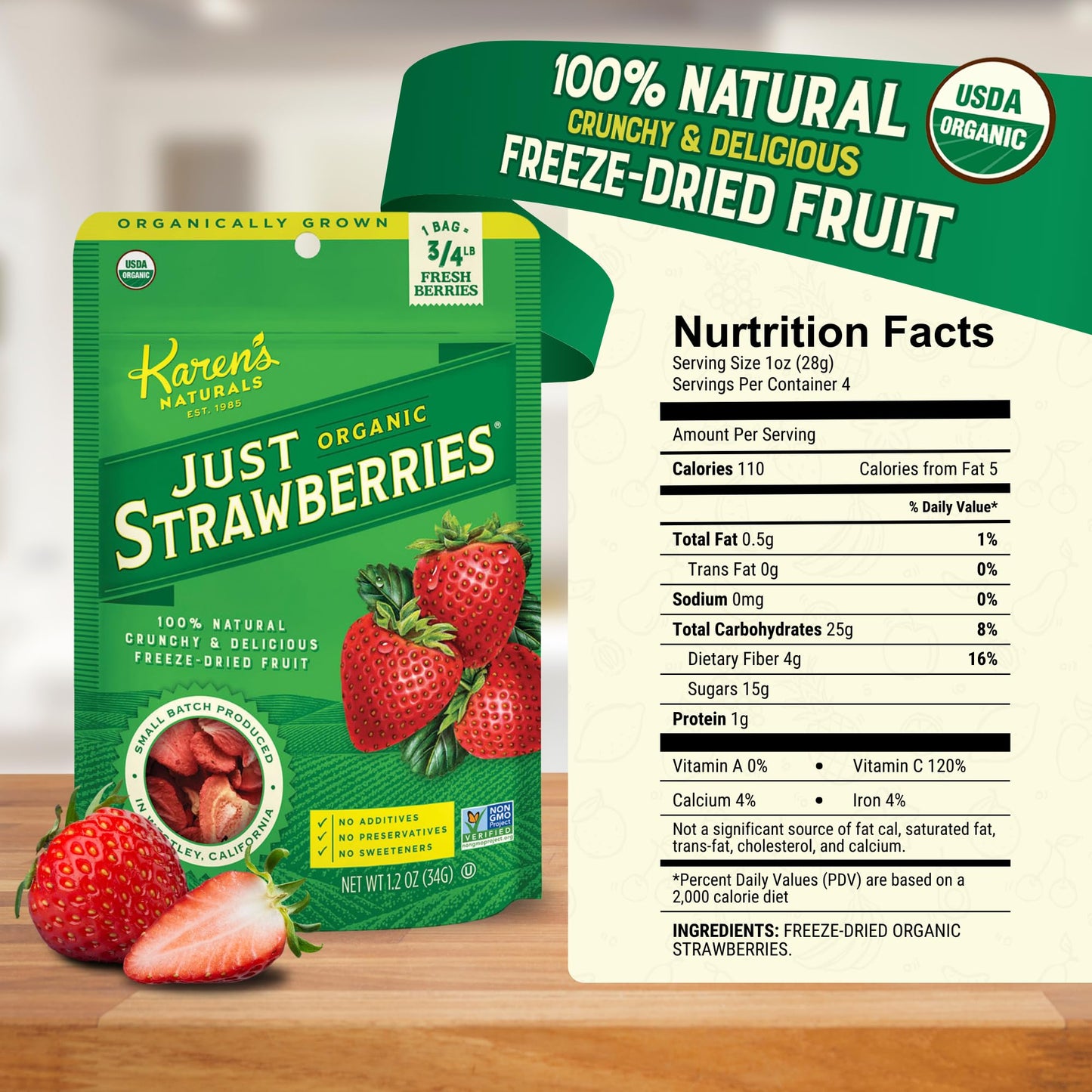 Karens Naturals Organic Freeze-Dried Strawberries, 1.2oz, Pack of 12 - Crunchy, Flavor Packed Freeze Dried Fruit Snack, Organic