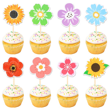 40 PCS Summer Flowers Cupcake Toppers Double Sided Colorful Sunflower Cupcake Picks Daisy Flower Cake Decorations for Summer Hai