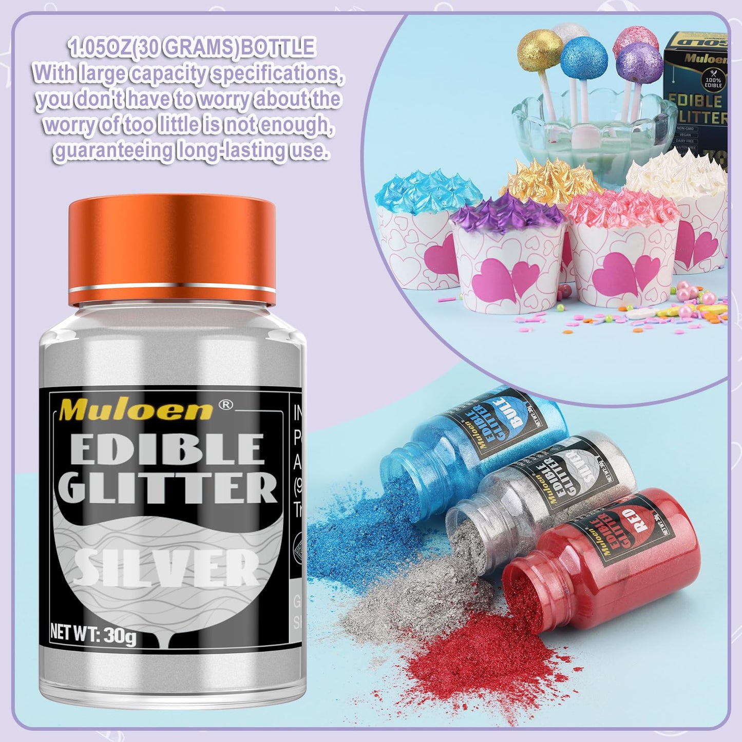 Silver Edible Glitter - 30 Grams 100% Edible Glitter for Drinks, Cake Decorating Supplies, Cookie Decorating Supplies, Strawberr