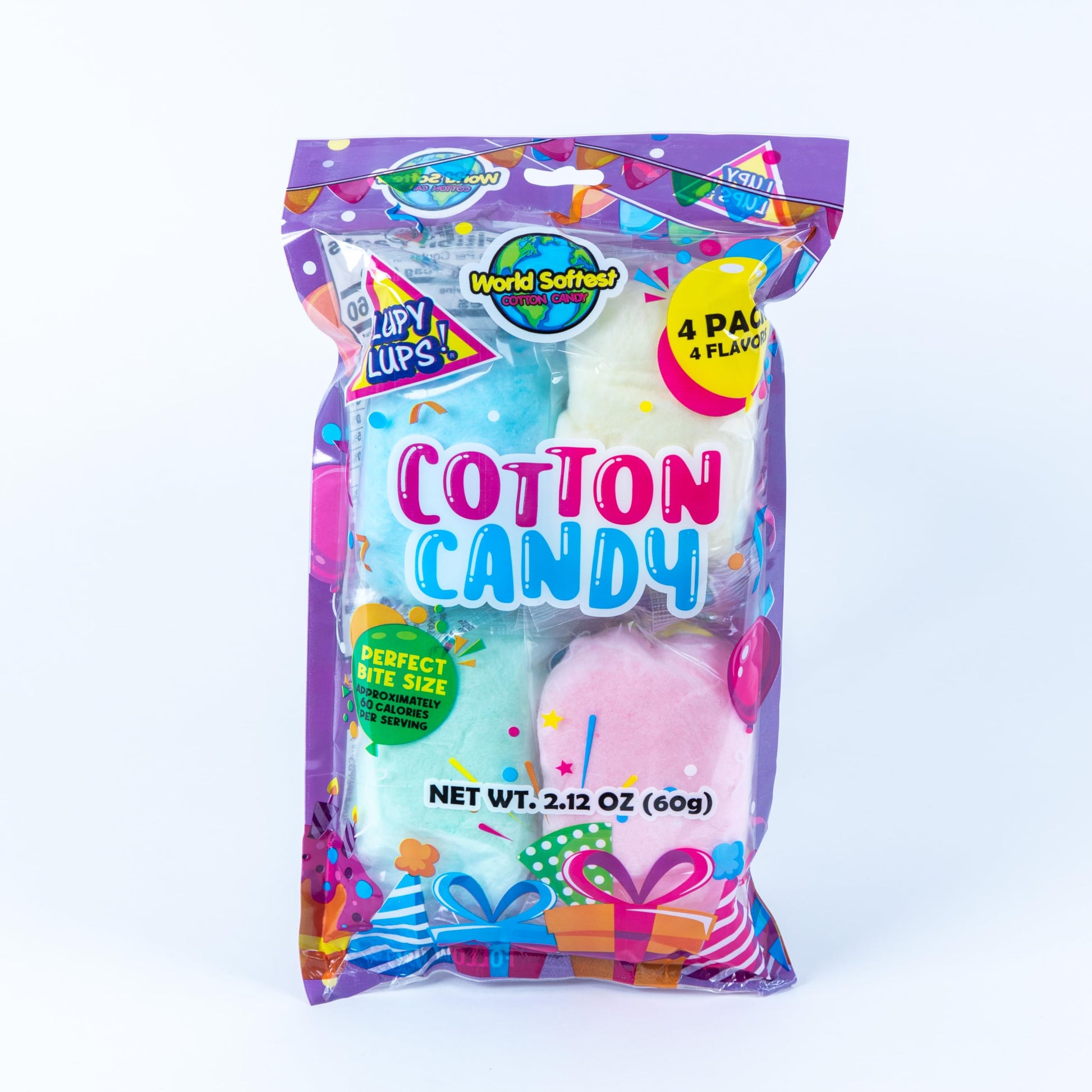 Lupy Lups Cotton Candy Party Pack of Assorted Flavors 4 Individually Wrapped 2.12oz Servings
