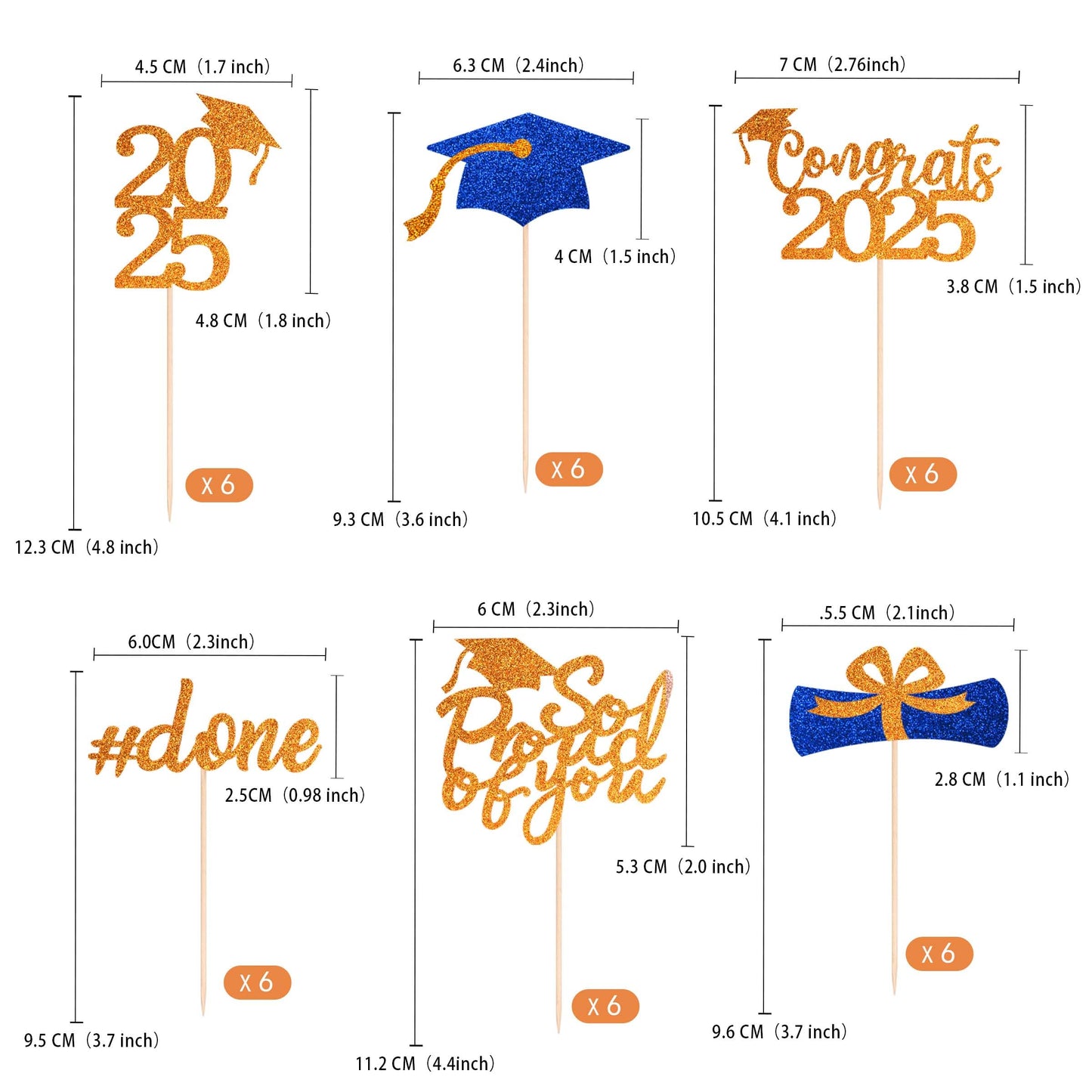 36 Pcs Class Of 2025 Graduation Cupcake Toppers, Orange & Blue Glitter Double-Sided Grad Cap Cake Picks For Party Supplies, 2025
