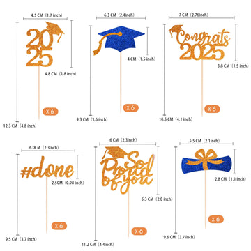 36 Pcs Class Of 2025 Graduation Cupcake Toppers, Orange & Blue Glitter Double-Sided Grad Cap Cake Picks For Party Supplies, 2025