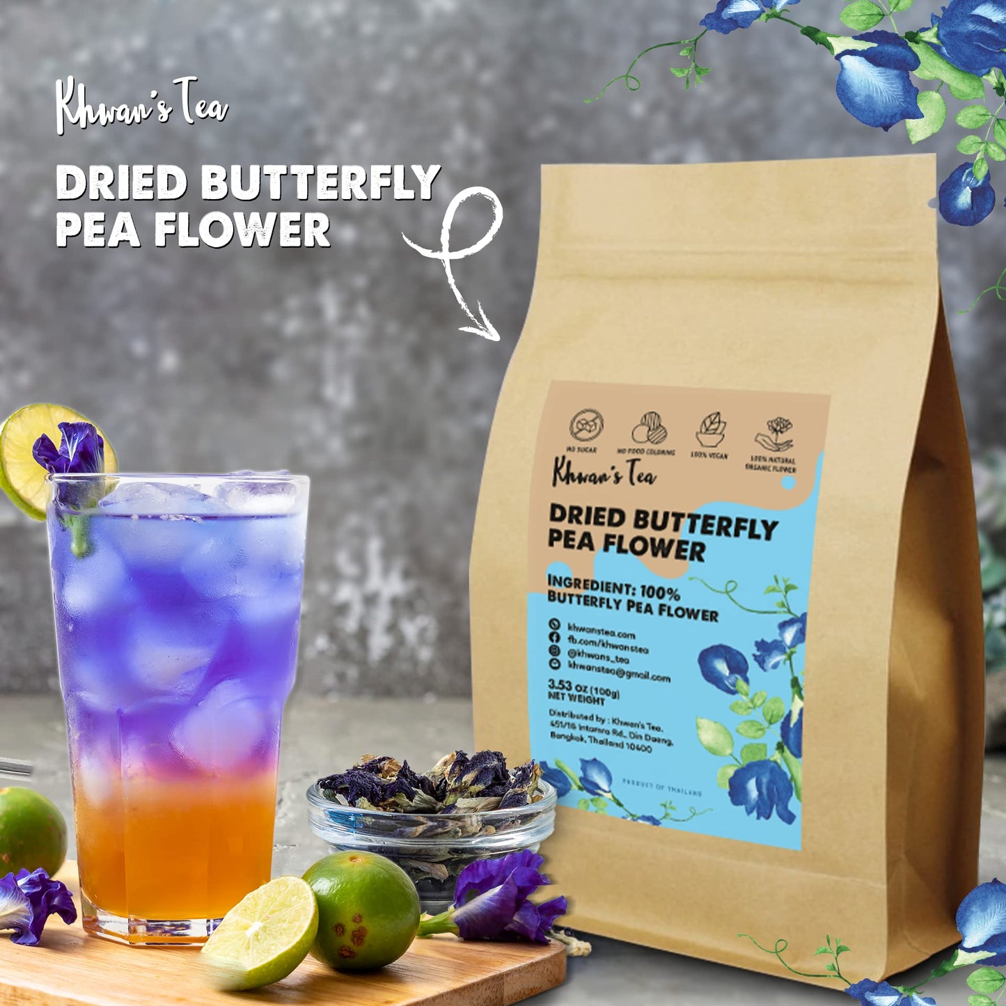 KHWANS TEA Dried Butterfly Pea Flowers Herbal Tea, Caffeine Free, Vegan, 3.53 oz (100g)