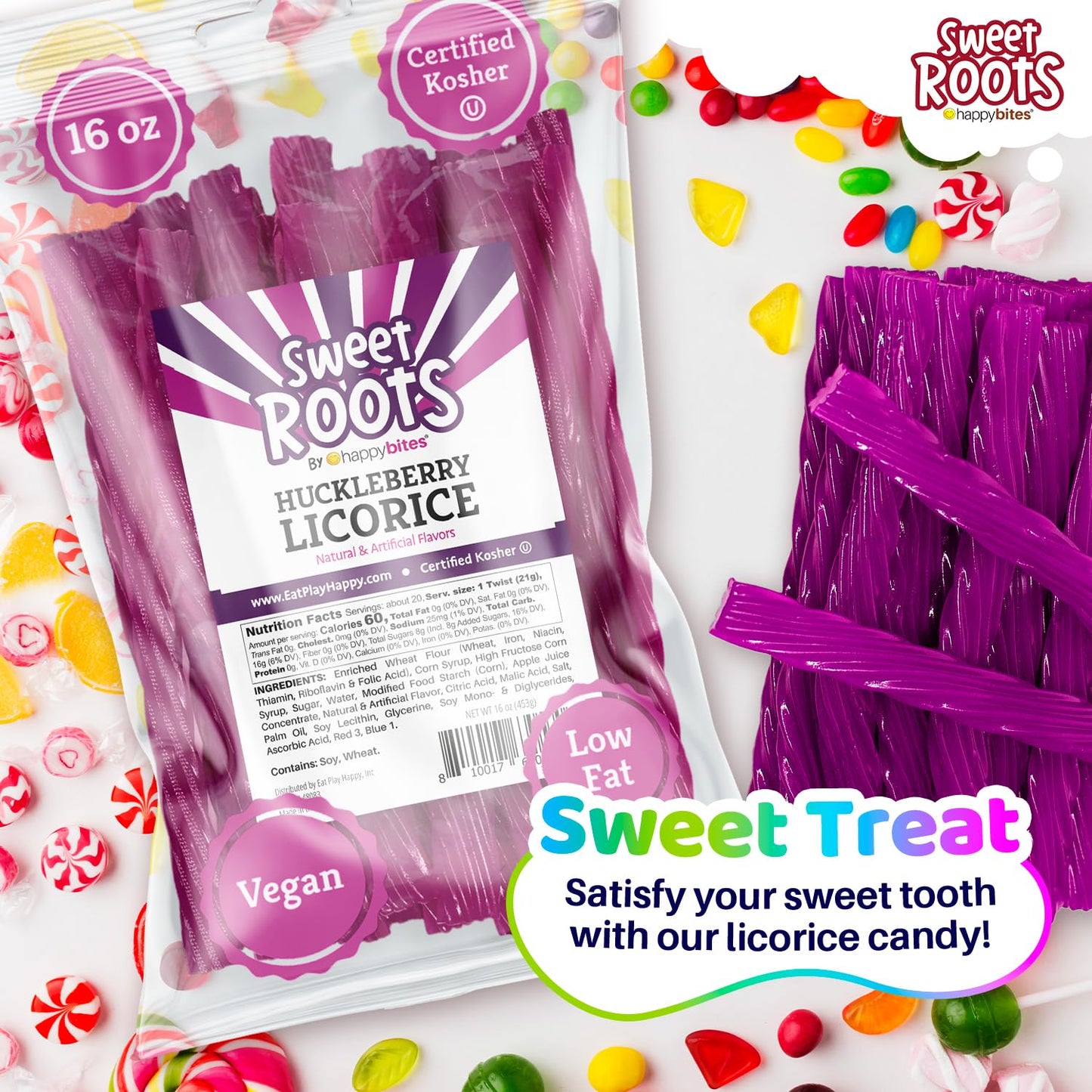 Sweet Roots Huckleberry Licorice Twists - 1 Bag (16 oz) - Jumbo Size Licorice Sticks | Made with Real Fruit Juice Concentrate |