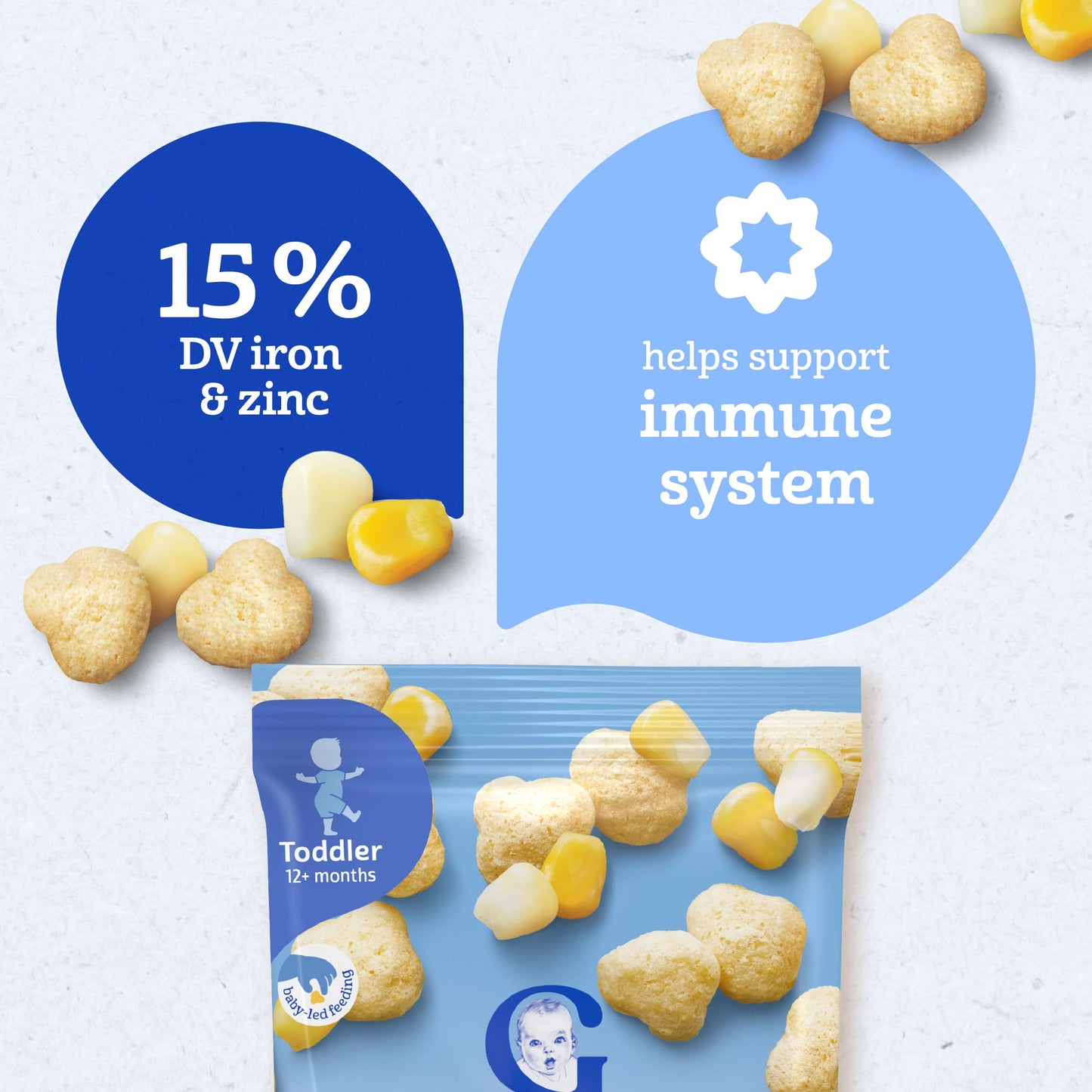 Gerber Toddler Snacks, Classic Corn Puffcorn Snack, Kernel Free, Heart Shaped, Zinc And Iron Helps Support Immune System, Toddle