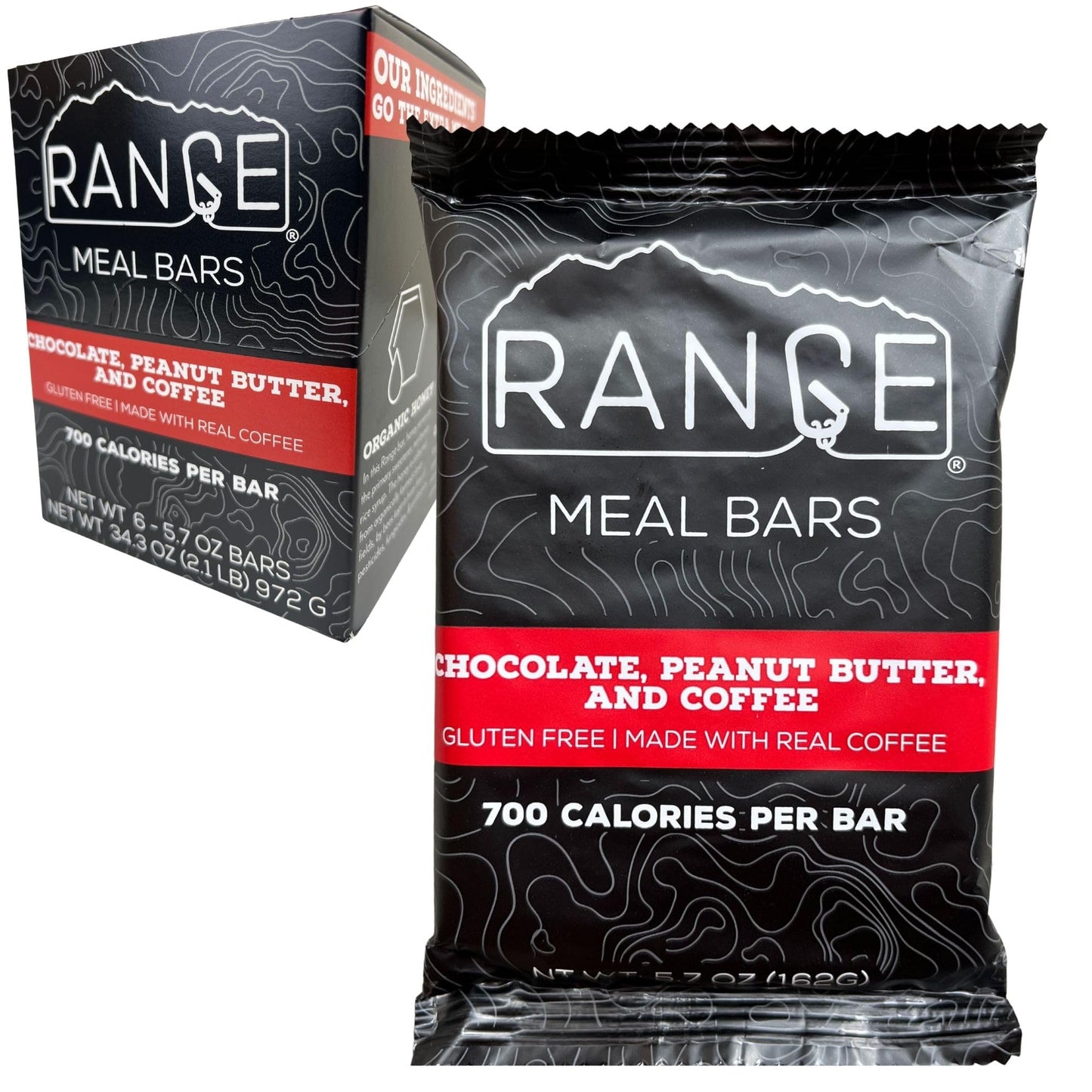 Range Meal Bar - High Calorie Meal Replacement Bars - Gluten Free Bars - Backpacking Meals - 6 Pack (Chocolate, Peanut Butter And Coffee)