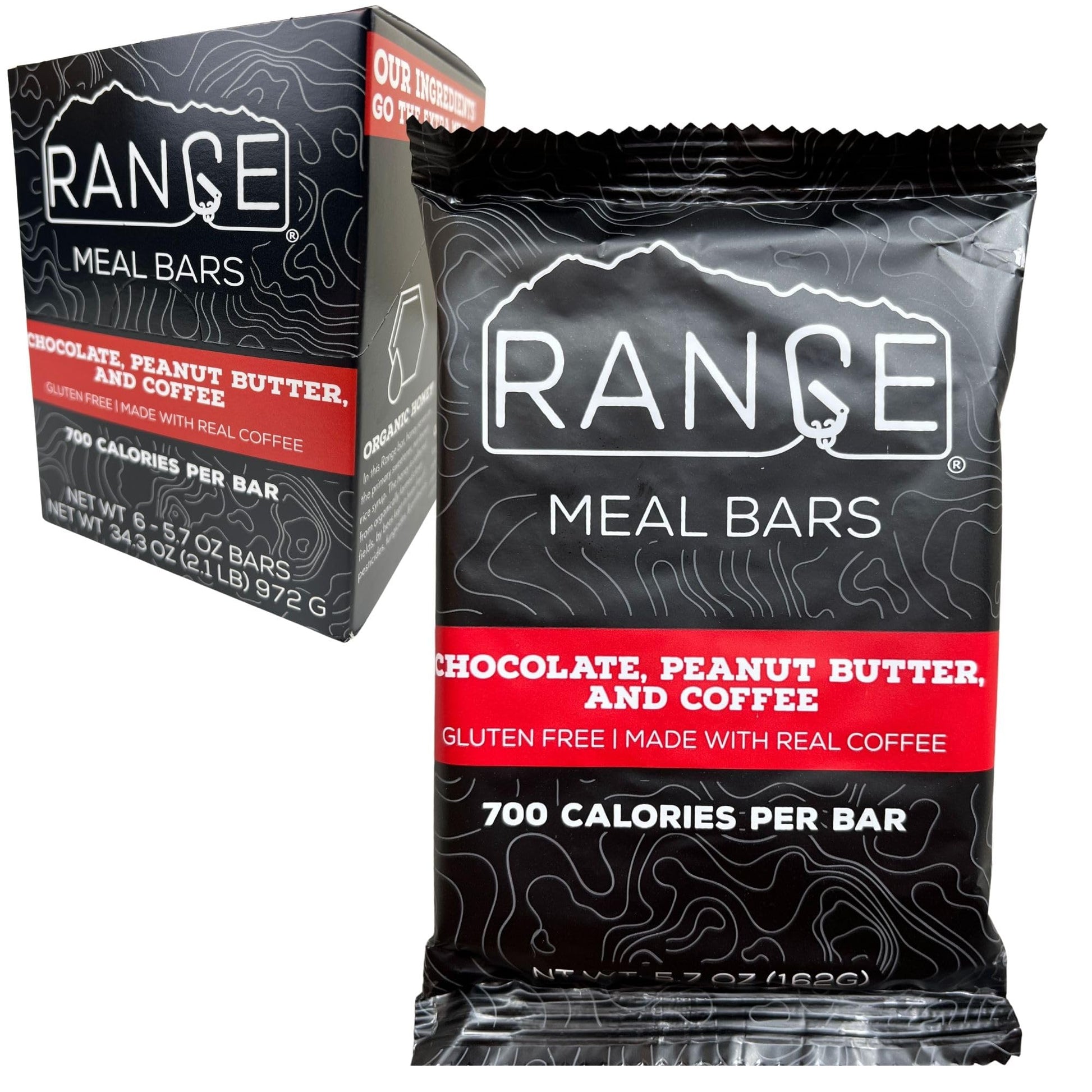 Range Meal Bar - High Calorie Meal Replacement Bars - Gluten Free Bars - Backpacking Meals - 6 Pack (Chocolate, Peanut Butter And Coffee)