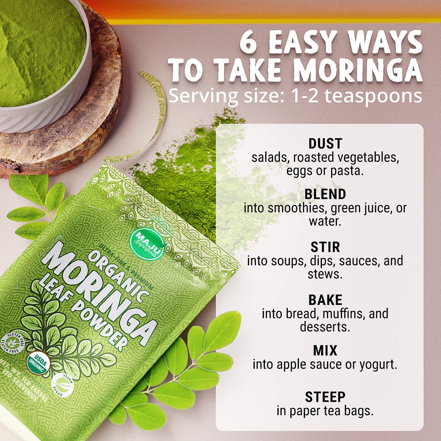 Majus Organic Moringa Powder (1 Pound), Oleifera Leaf, Extra-Fine Quality, Dried Drumstick Tree Leaves, For Tea, Smoothies, Food-Grade