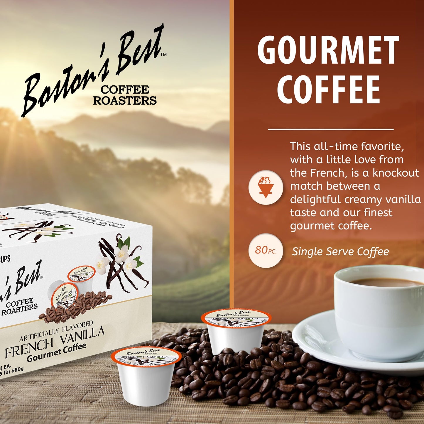 Bostons Best French Vanilla Medium Roast Coffee Pods Compatible with Keurig, 80 Count