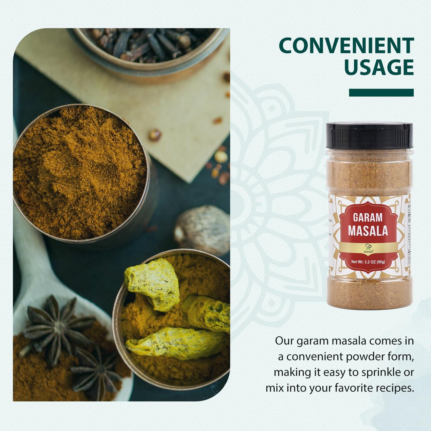 Soeos Garam Masala  3.2 oz (Pack of 3)  Garam Masala Spice Powder  All Natural  Vegan  No Colors  Kosher  Indian 8-Spice Blend  Masala Seasoning